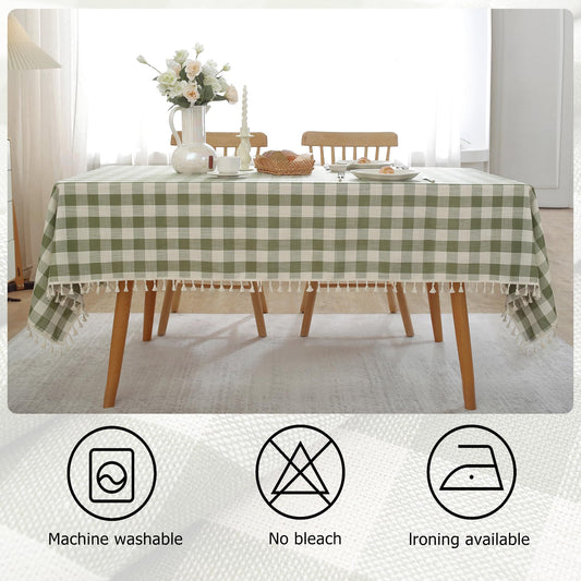 Alsoo Checkered Rectangle Tablecloth Cotton Linen Fabric Gingham Table Cloth Buffalo Plaid Table Cover with Tassel Wrinkle Free Washable for Kitchen Dining Picnic, Green and White, 55X75''