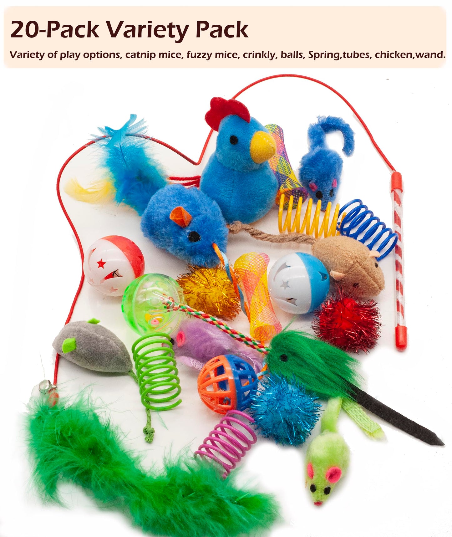 Fashion's Talk Cat Toys, Kitty Variety Pack for Kitten Cats, 20 Count Plush, Teaser & Ball Catnip Mice Cat Spring