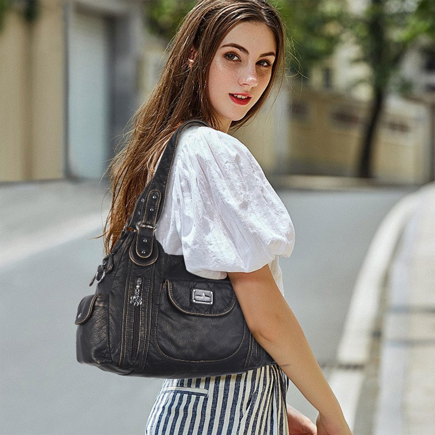 Angel Kiss Women Handbags Shoulder Bags Washed Leather Satchel Tote Bag Mutipocket Hobo Purse