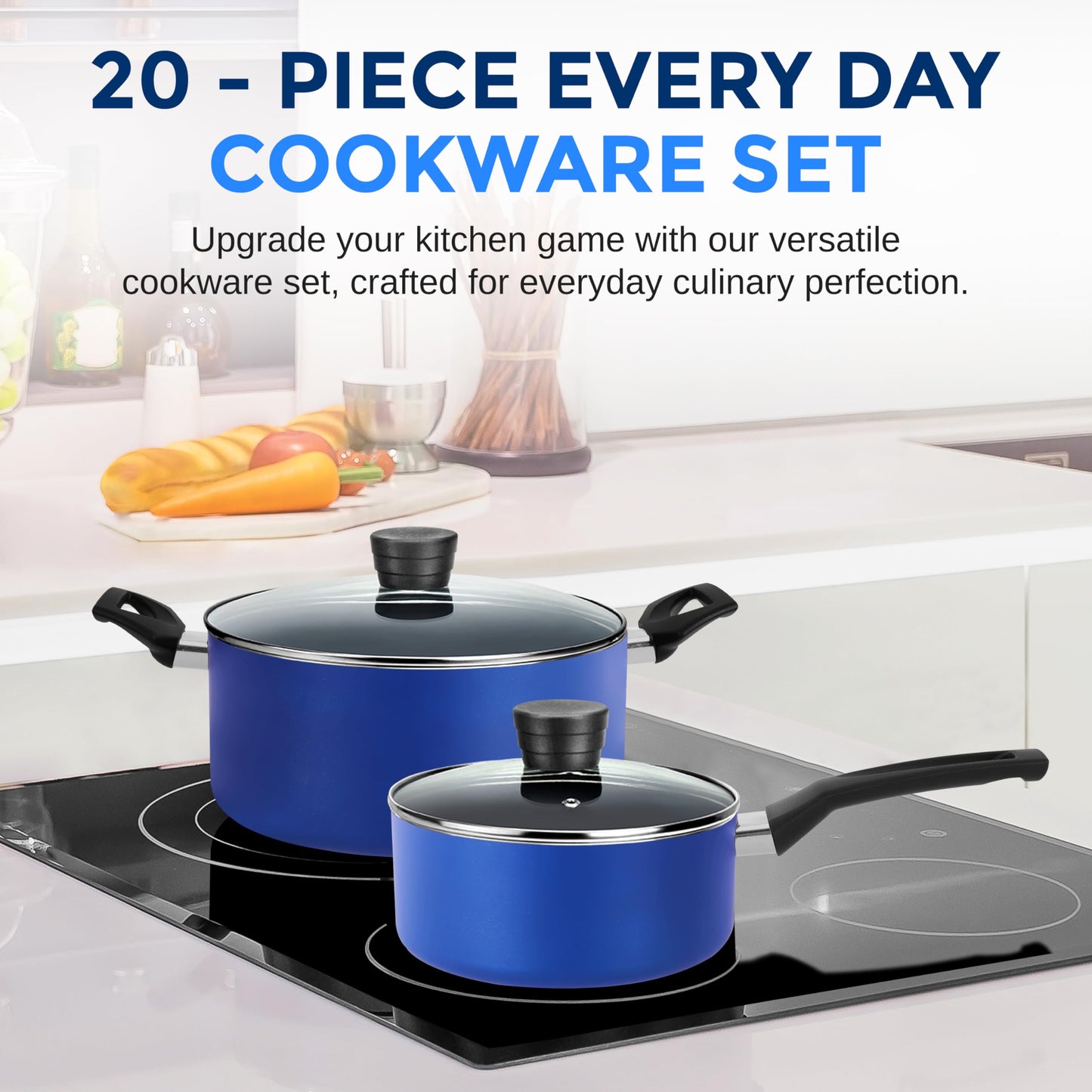 SereneLife 20-Piece Blue Cookware and Knives Set - Includes Multi-Sized Nonstick Pots and Pans with Lids and Utensils, Heat Resistant, Dishwasher Safe