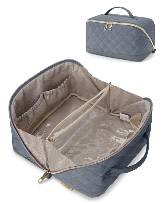 Wandering Nature Travel Makeup Bag,Travel Make up Bag with Large Capacity,Quilted Makeup Organizer Bag, Open Flat Travel Toiletry Bag for Women Cosmetic Bag with Divider and Handle,Patent Pending
