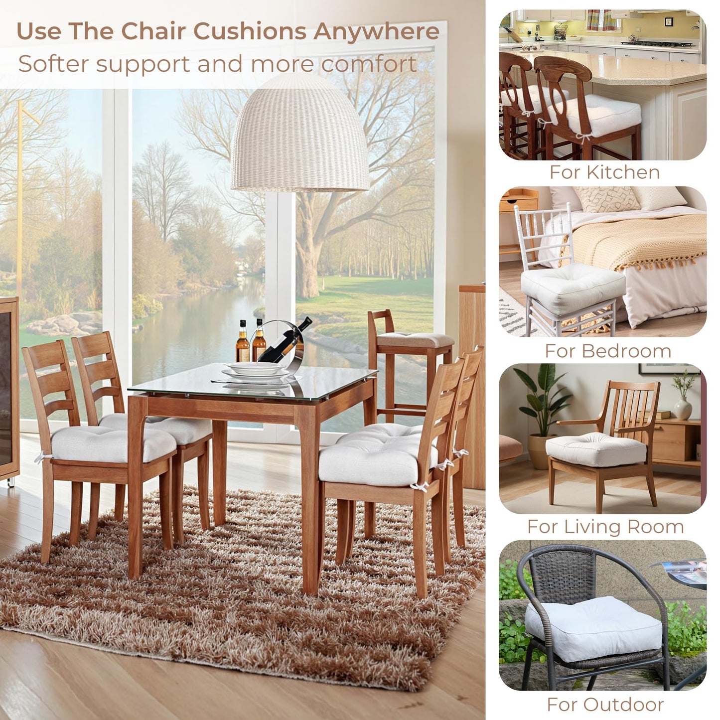 COOLBEBE Chair Cushions for Dining Chairs 4 Pack, Kitchen Chair Cushions, Chair Pads for Dining Chairs with Ties and Non-Slip Backing, Tufted Memory Foam Seat Cushions, 16.5" X 16.5", White