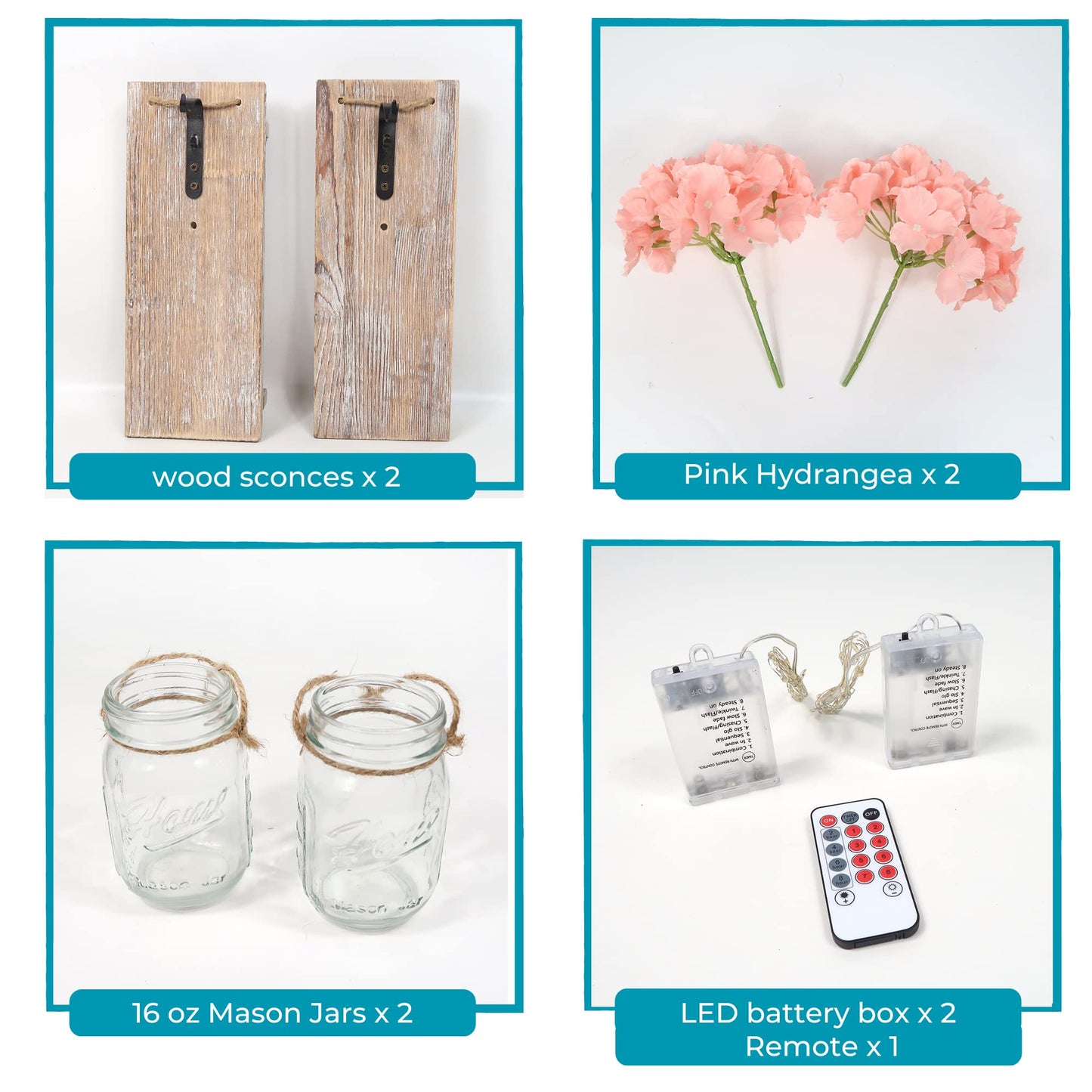 Besuerte Mason Jar Wall Decor Set of 2, Farmhouse Decor Living Room, Country Inspirational Rustic Hanging Accent Wall Decor with Remote Fairy Light & Pink Hydrangea Flowers(Medium,Rustic Brown)