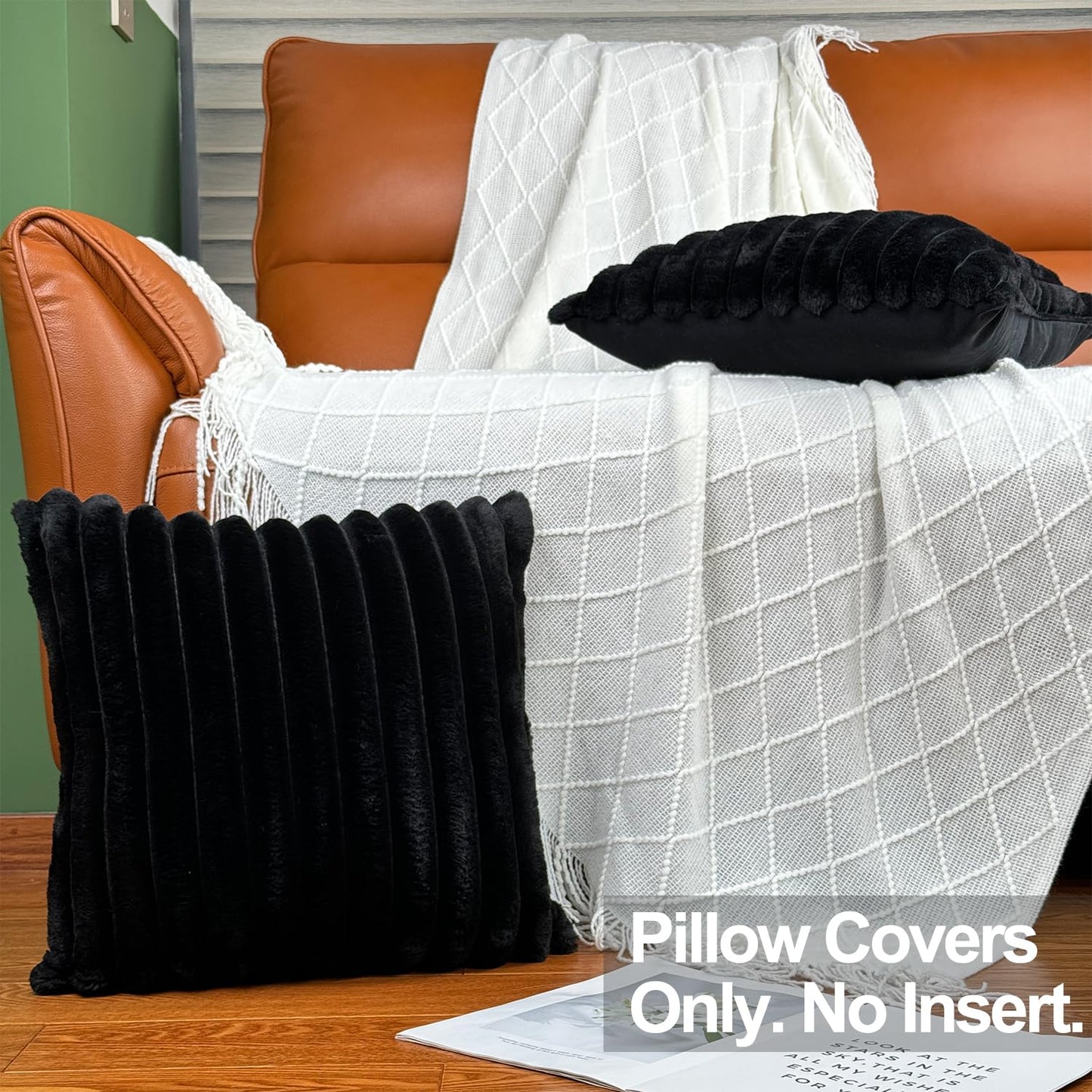 20x20 Throw Pillow Covers Set of 2, Decorative Faux Fur Covers for Bed, Couch Soft Fluffy Pillow Cover with Velvet Back for Living Room, Neutral Home Décor Accent for Sofa - Black