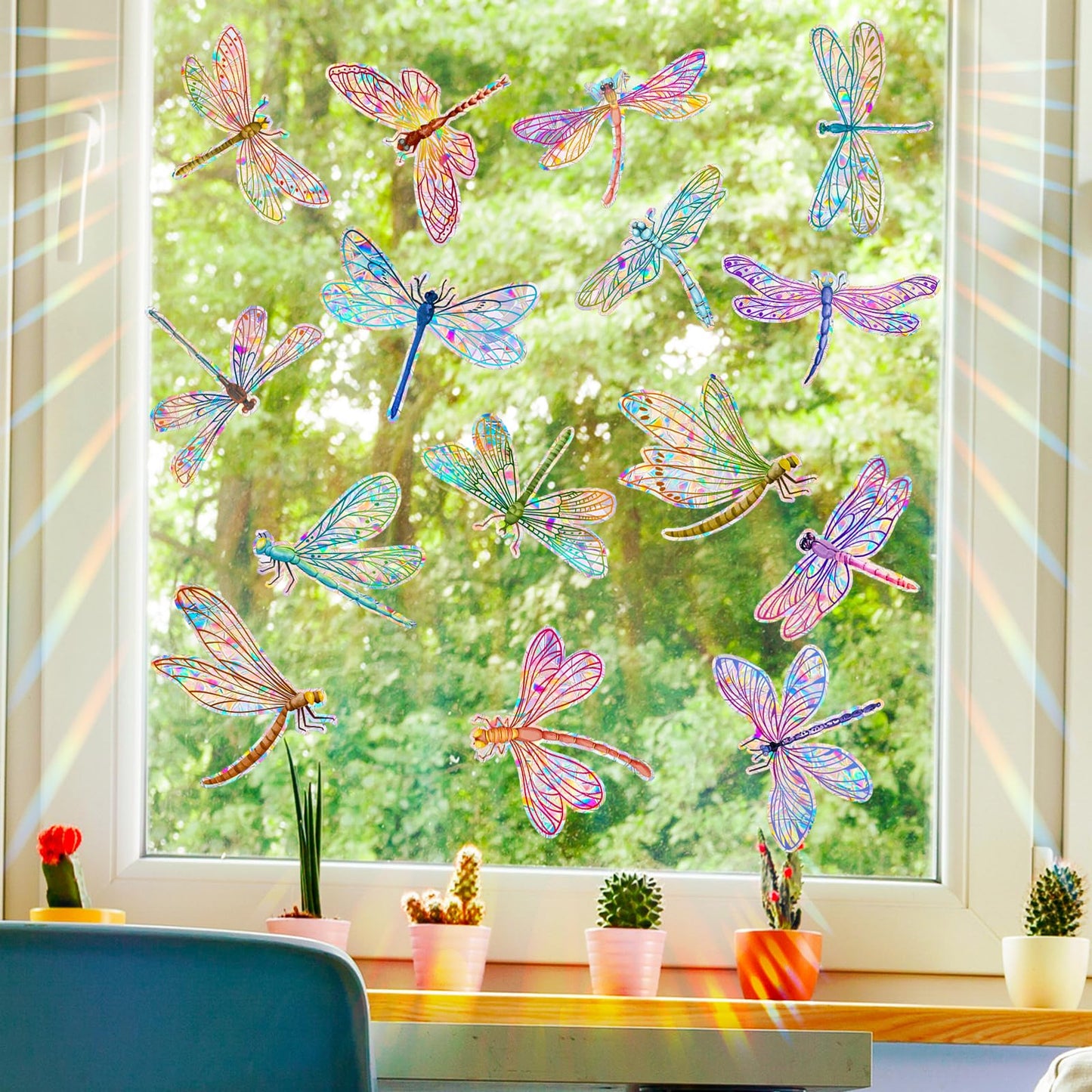 Suplanet Dragonfly Window Clings for Glass Windows, Bird Anti Collision Window Stickers for Birds, Window Decals to Prevent Bird Strikes, Non Adhesive Window Prism, Sun Catchers Indoor Window