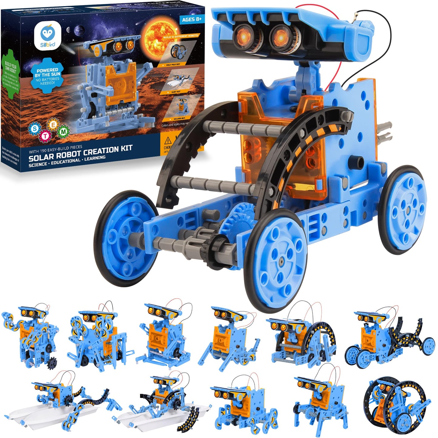 Sillbird Solar Building Robot Kit STEM Gift for Boys Aged 8-13, DIY Science Educational Toys for Kids Teens Birthday, 12-in-1 Solar or Battery Powered Robotic Set with 197 Pieces