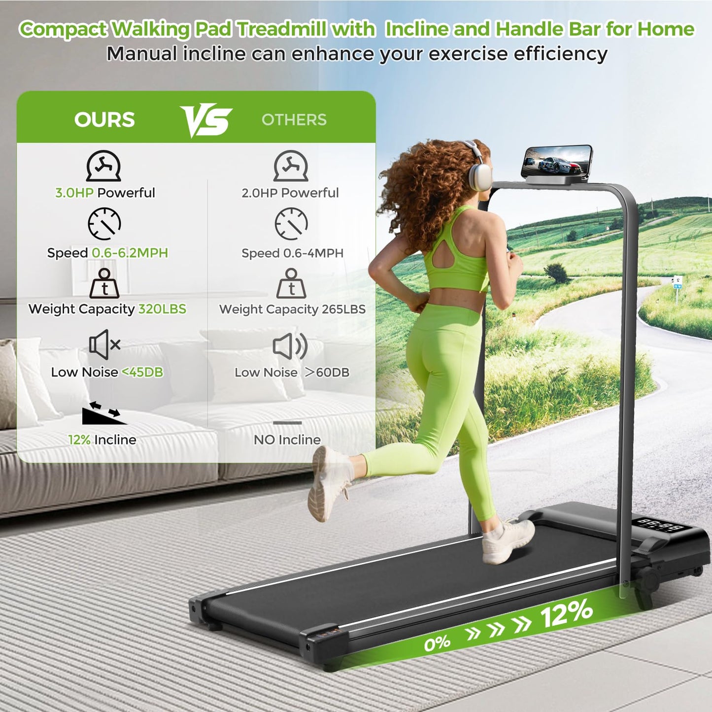 Walking Pad Treadmill with Incline & Handle Bar, 3.0HP Foldable Folding Treadmills for Home Small, Small Portable Treadmill with Handles, Walking pad with Incline and Handle bar, 320LB Capacity