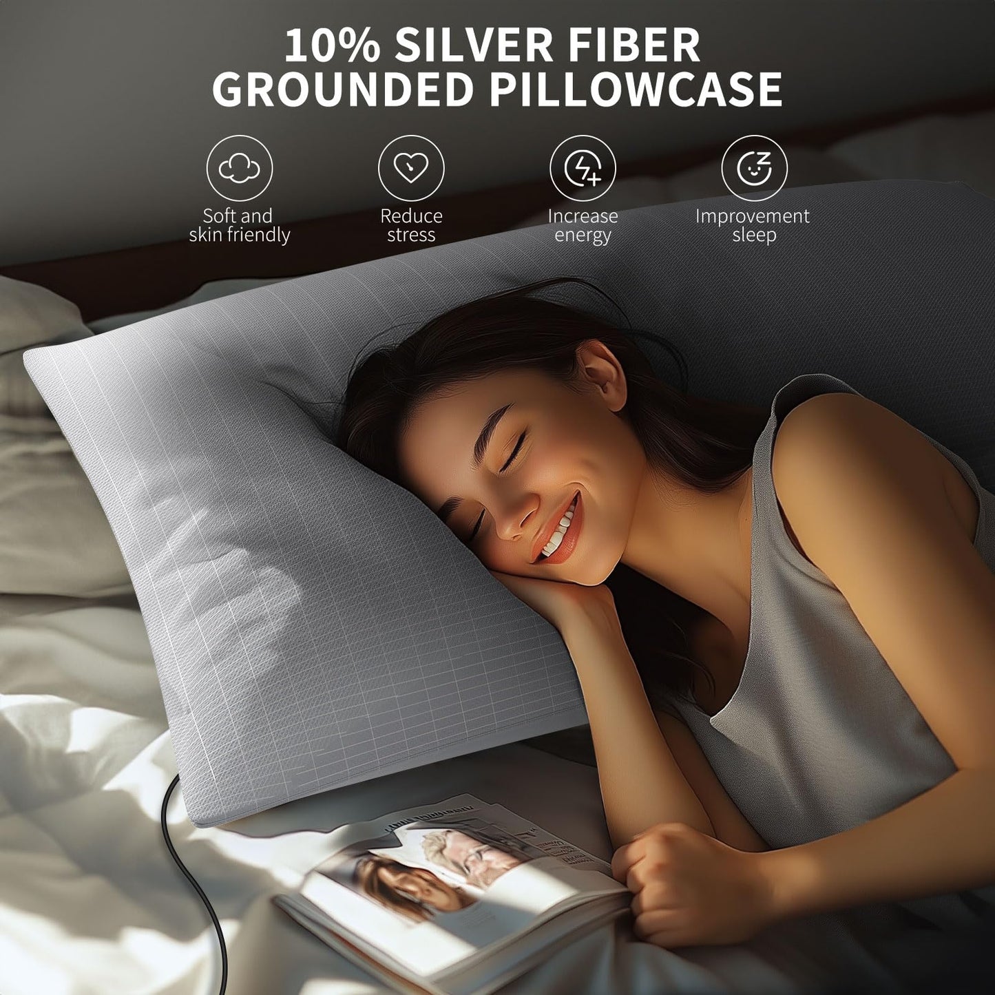 Grounding Pillow Case,Earth Connected Pillowcase,Bedding.Improve Sleep,Reduce Pain.90% Organic Cotton, 10% Silver Fiber (Gray, 30 * 20.5inch)