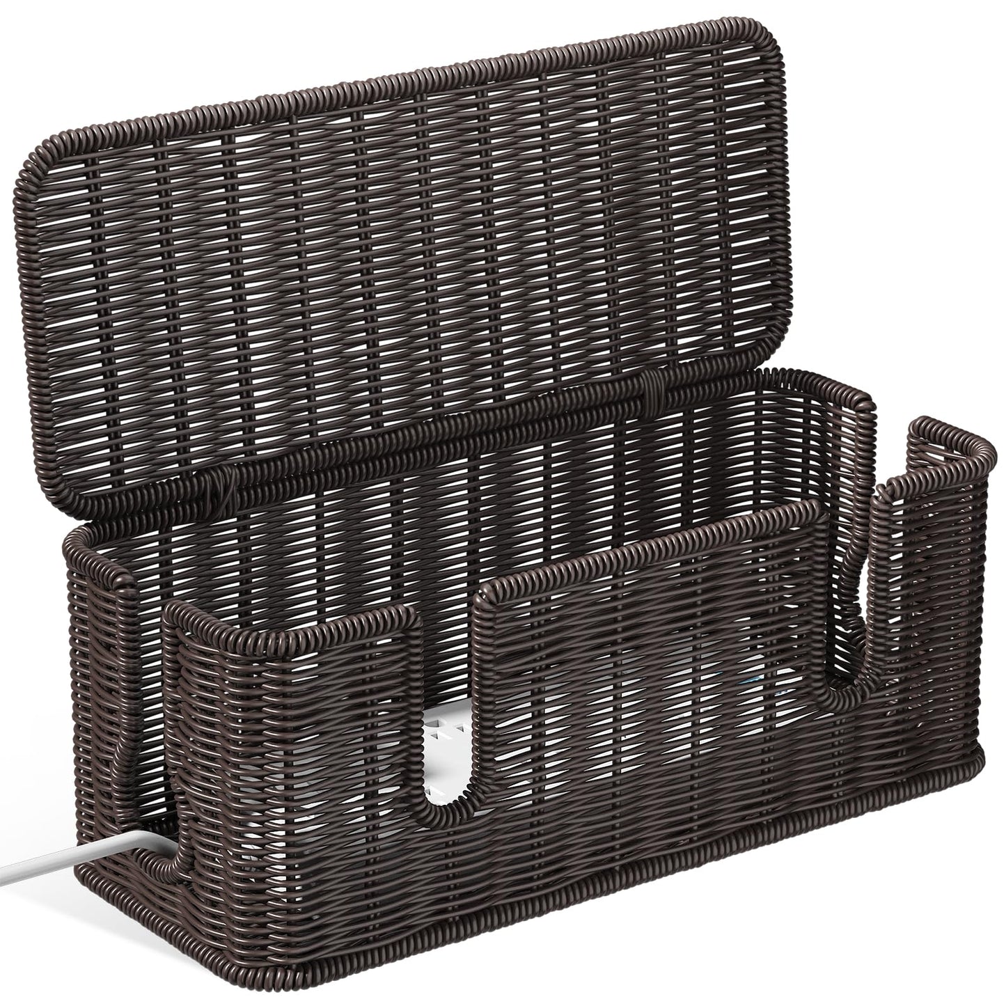 Cable Management Box,2 Open Slots Cord Organizer Hider Box with Lid,2 Pack Handwoven Imitation Rattan Cable Organizer Box for TV Wire Computer Router & Power Strip-B Style(Light Brown)