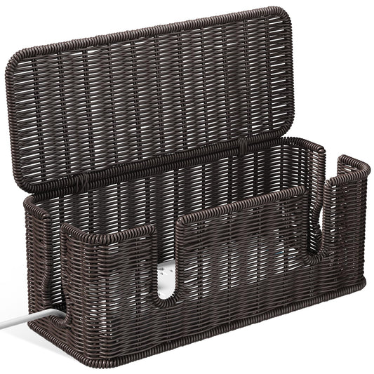 Cable Management Box,2 Open Slots Cord Organizer Hider Box with Lid,2 Pack Handwoven Imitation Rattan Cable Organizer Box for TV Wire Computer Router & Power Strip-B Style(Light Brown)
