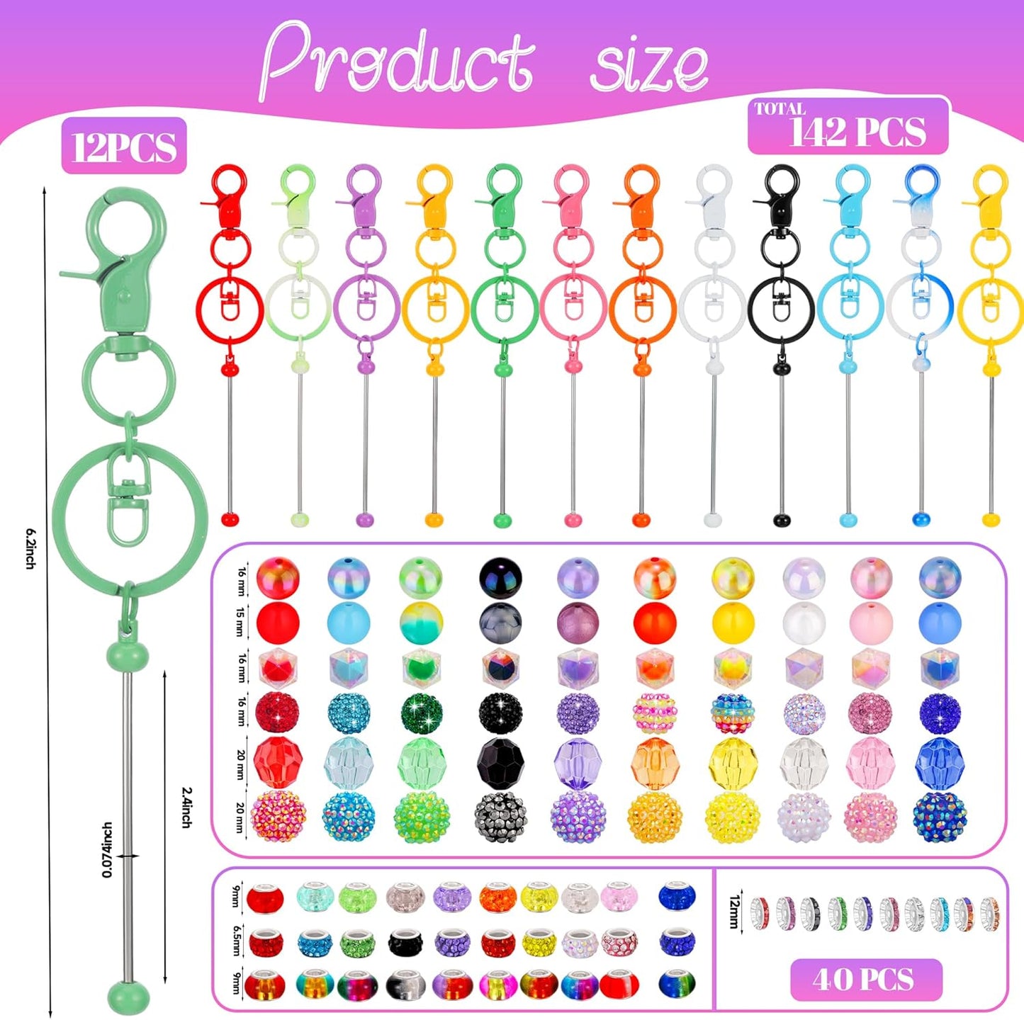 Wurosi 142 Pcs Beadable Keychain Making Kit, Including 12 Pcs Beadable Keychains Bars Blanks, 130 Pcs Bubblegum Beads Spacer Bead, Keychain Beads Supplies for DIY Crafts Jewelry Making Gift