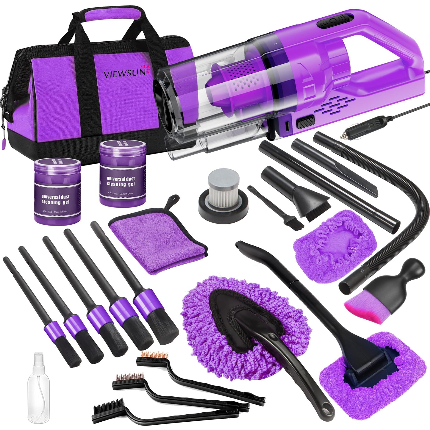 Viewsun 20PCS Car Cleaning Kit, Car Interior Detailing Kit with High Power Handheld Vacuum, Auto Detailing Drill Brush Set, Cleaning Gel, Complete Car Wash Kit Supplies for Deep Cleaning