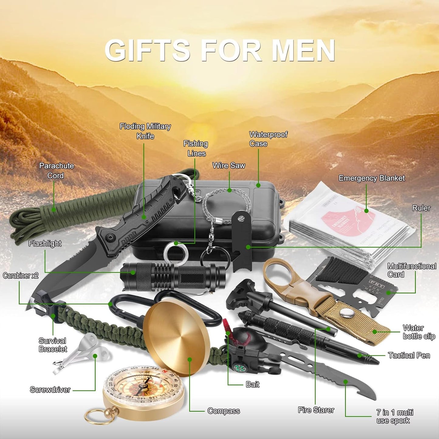 Emergency Survival Kit, 22 in 1 Professional Survival Gear Equipment Tools First Aid Supplies for SOS Emergency Tactical Hiking Hunting Disaster Camping Adventures