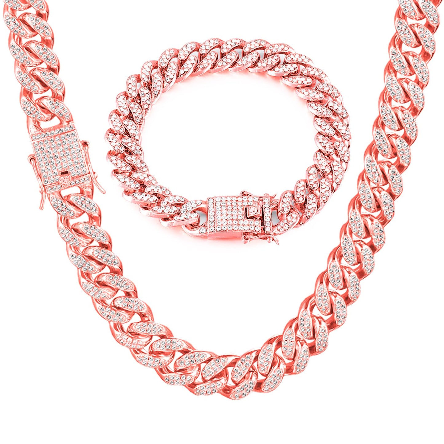 GIHENHAO 2pcs Cuban Link Chain for Men, Rose Gold Necklace and Bracelet, Miami Cuban Chains, Bling Diamond Chain for Hip Hop Jewelry