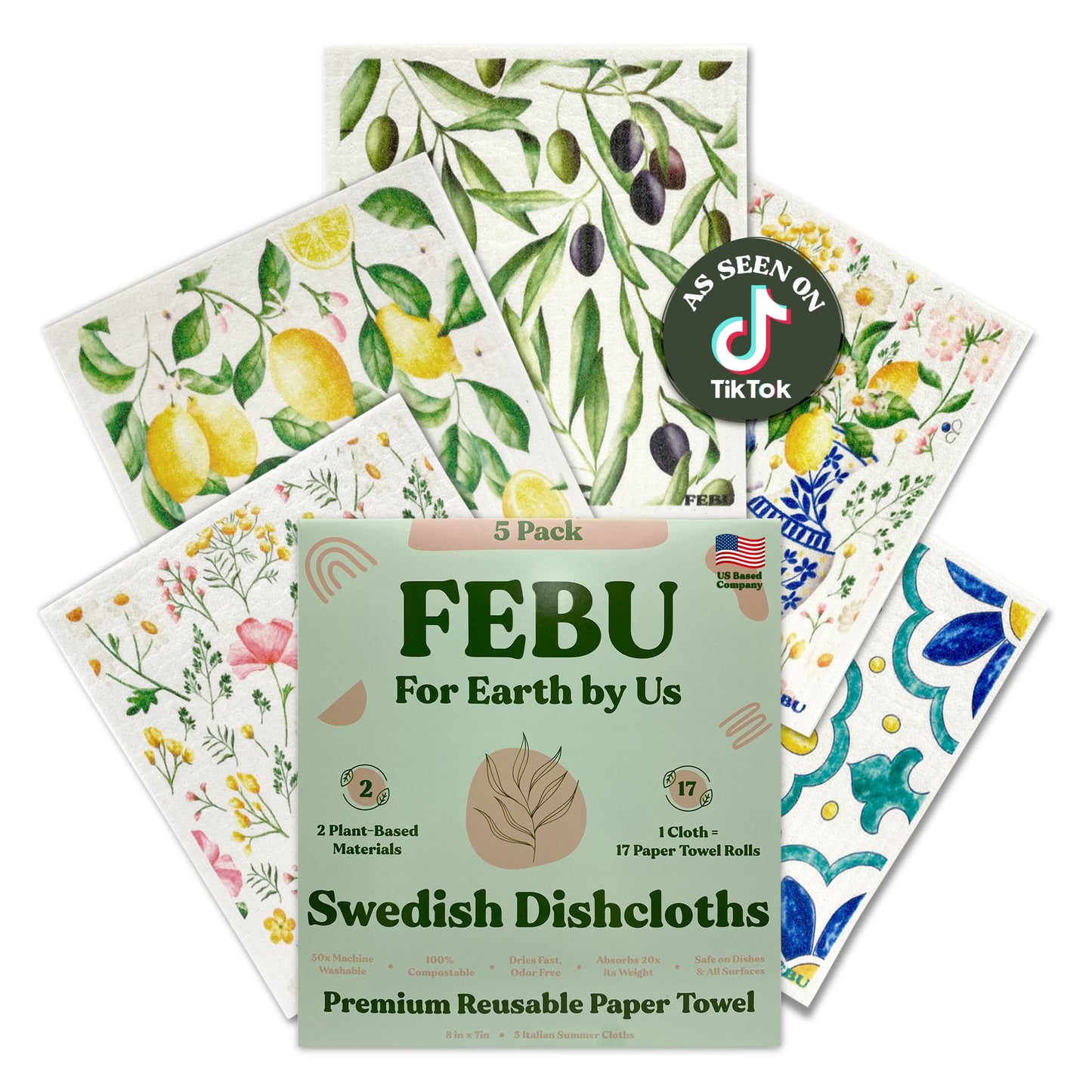 FEBU Swedish Dishcloths for Kitchen | 5 Pack Japanese Reusable Paper Towels Washable | Swedish Dish Towels | Non-Scratch Cellulose Sponge Cloths | No Odor, Biodegradable Cleaning Cloths
