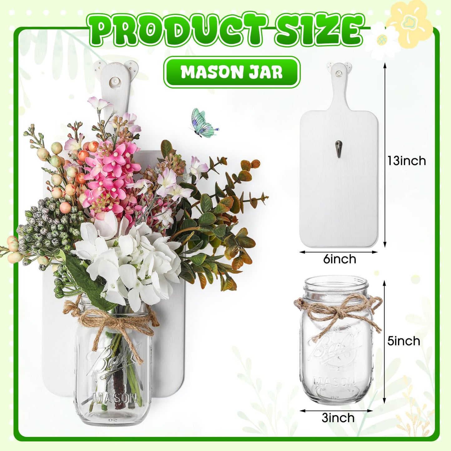 Mimorou 2pack Mason Jar Sconce Wall Decor Rustic Wall Sconces Glass Jar Handmade Hanging Sconce Wall Decor Wood Board with Mason Jars for Living Room Dining Room Bedroom Kitchen Farmhouse Home Decor