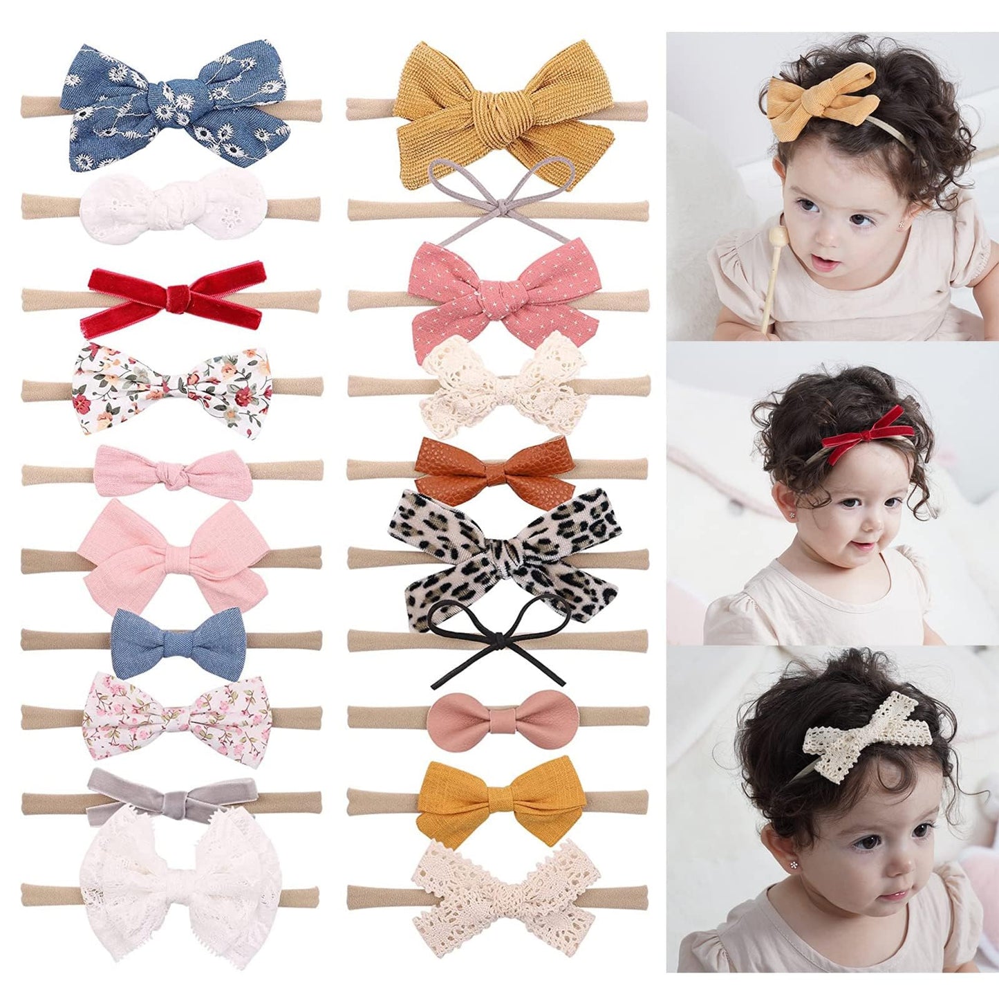 doboi Baby Girl Headbands 24PCS Nylon Linen Handmade Hairbands with Hair Bows and Accessories for Newborns, Infants, Toddlers, and Little Kids