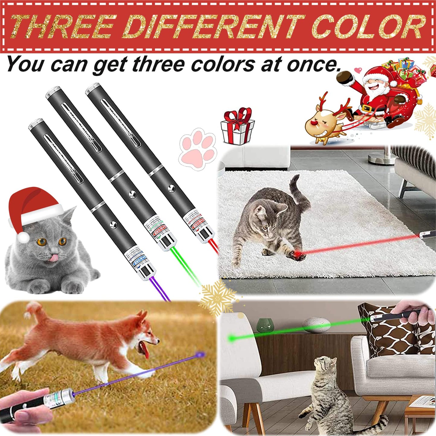 MEUSNO 3 Pack Cat Laser Pointer Toy, Red Green Purple Cat Laser Pointer for Cats Dogs Indoor Chaser Cats Dog Pet Laser Toy Laser Light Pointer, Small Laser Pet Toy Geese Deterrent
