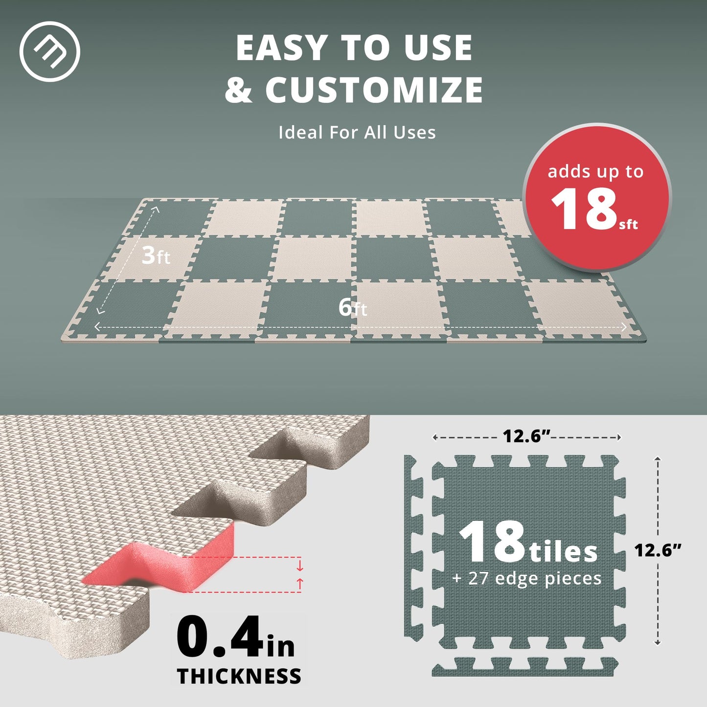 Gym Flooring Set - Interlocking EVA Soft Foam Floor Mat, 18 Pieces Puzzle Rubber Tiles Protective Ground Surface Protection, Play Workout Exercise Mats Underlay Matting Sports Pool Home Fitness Garage