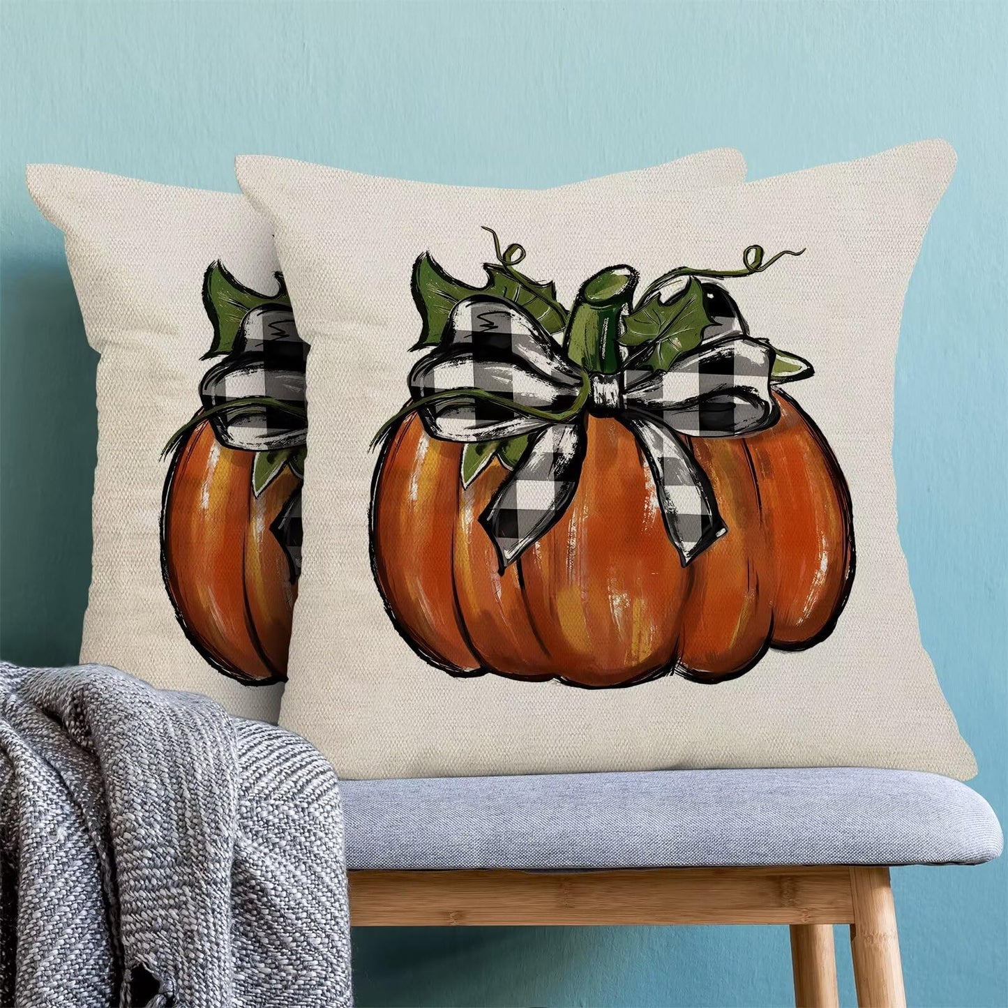 Fall Pillow Covers 18x18 Set of 2, Thanksgiving Pumpkin Decorative Autumn Flower Farmhouse Outdoor Throw Pillowcase Buffalo Plaid Pumpkin Cushion Cover for Sofa Couch Living Room Bed Decor