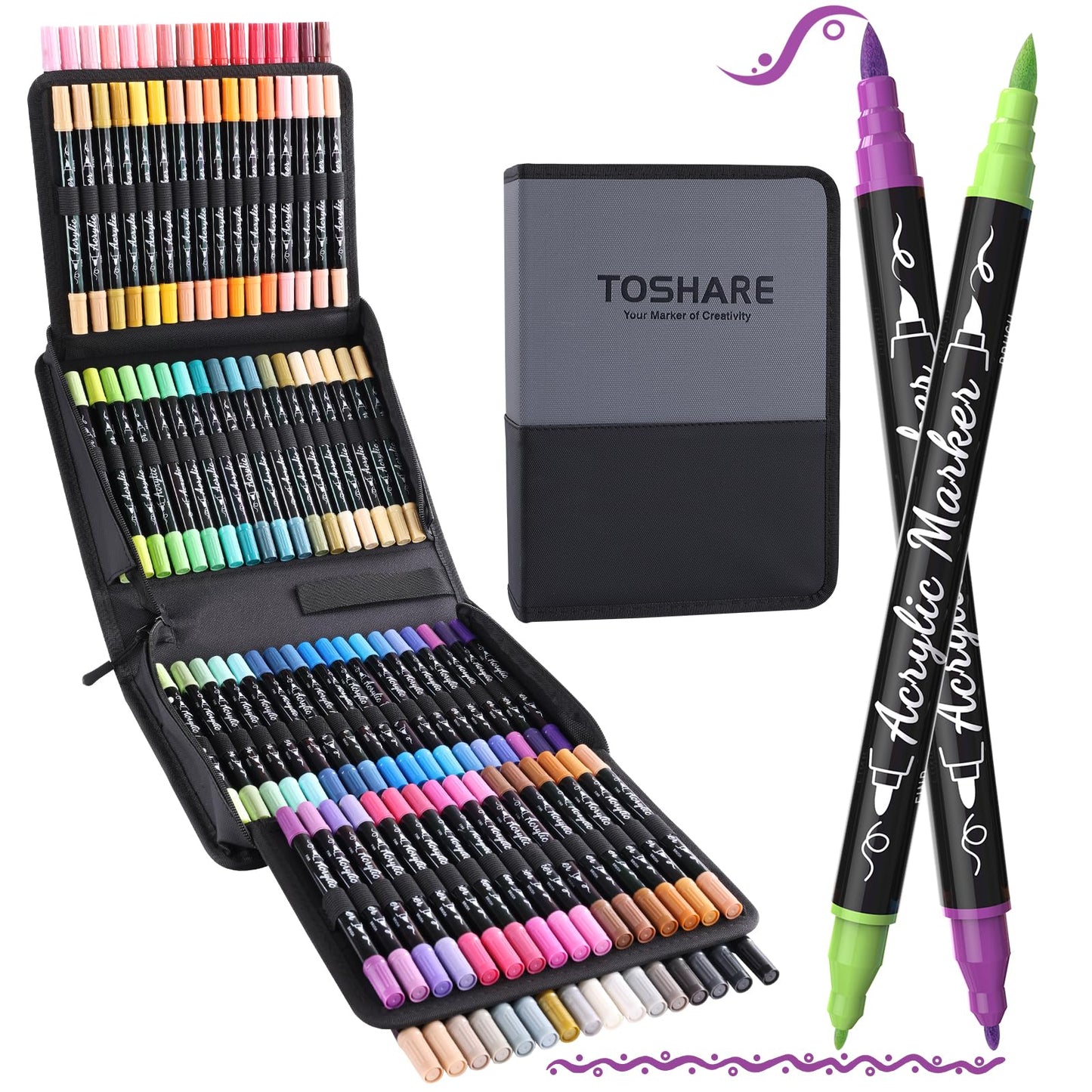 60 Colors Acrylic Paint Markers, Waterproof Dual Tip Acrylic Paint Pens with Brush and Fine Tip, Markers Set for Paper, Rock, Wood, Canvas, Glass, Ceramic and DIY Crafts Making Art Supplies