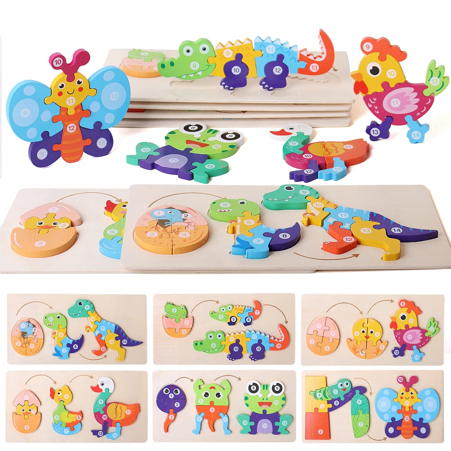 SHIERDU Wooden Puzzles for Kids, Toddler Number Puzzle, Old Wooden Dinosaur Puzzles and Animal Jigsaw Toys for Boy Girl Ideal Gift, 2-6 Years, Pack of 6, 2-1