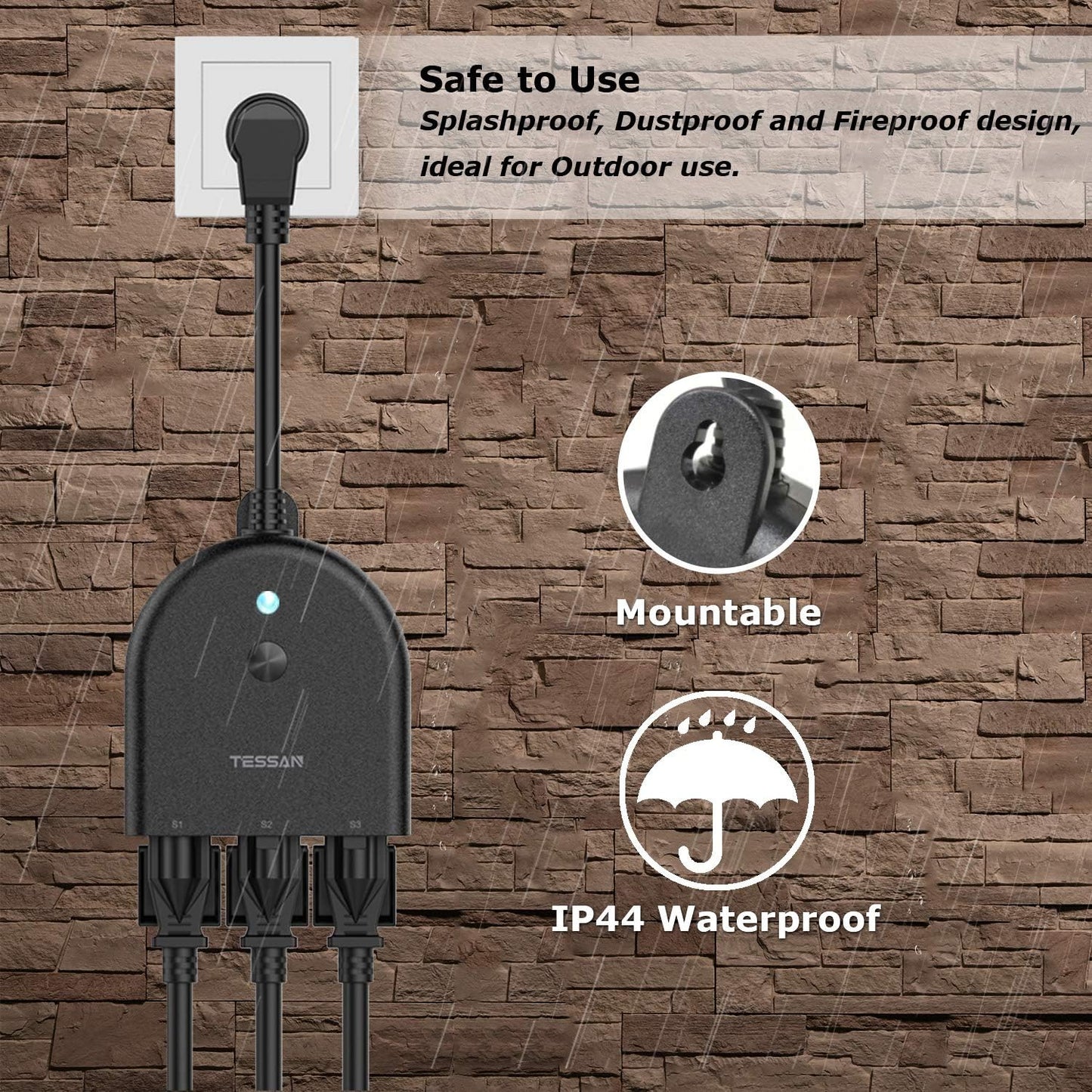 Outdoor Smart Plug Waterproof, TESSAN WiFi Smart Outlet Switch with 3 Individual Sockets Work with Alexa Echo Google Home, Remote Control Timer by Smartphone