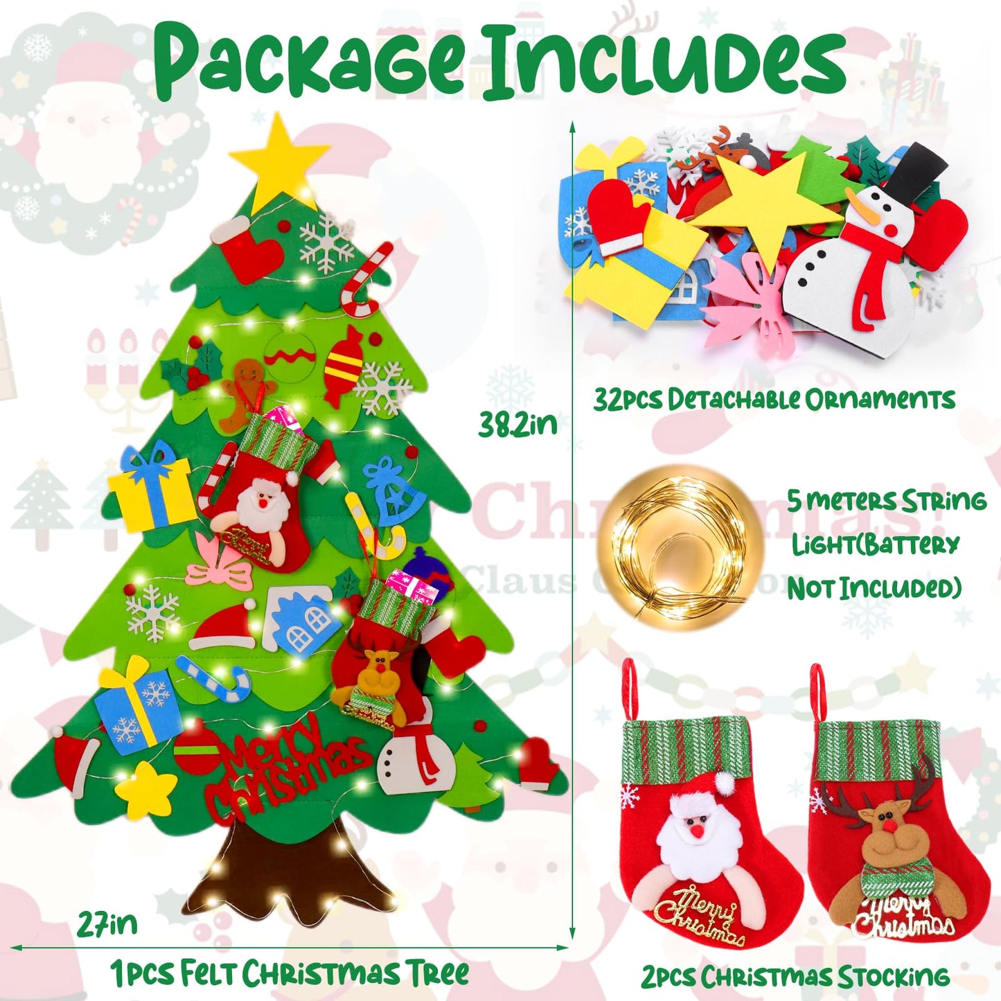 BABORUI Felt Christmas Tree for Kids with Christmas Stockings, Xmas Wall Hanging Ornaments Decorations with String Light for Toddlers, for Kids