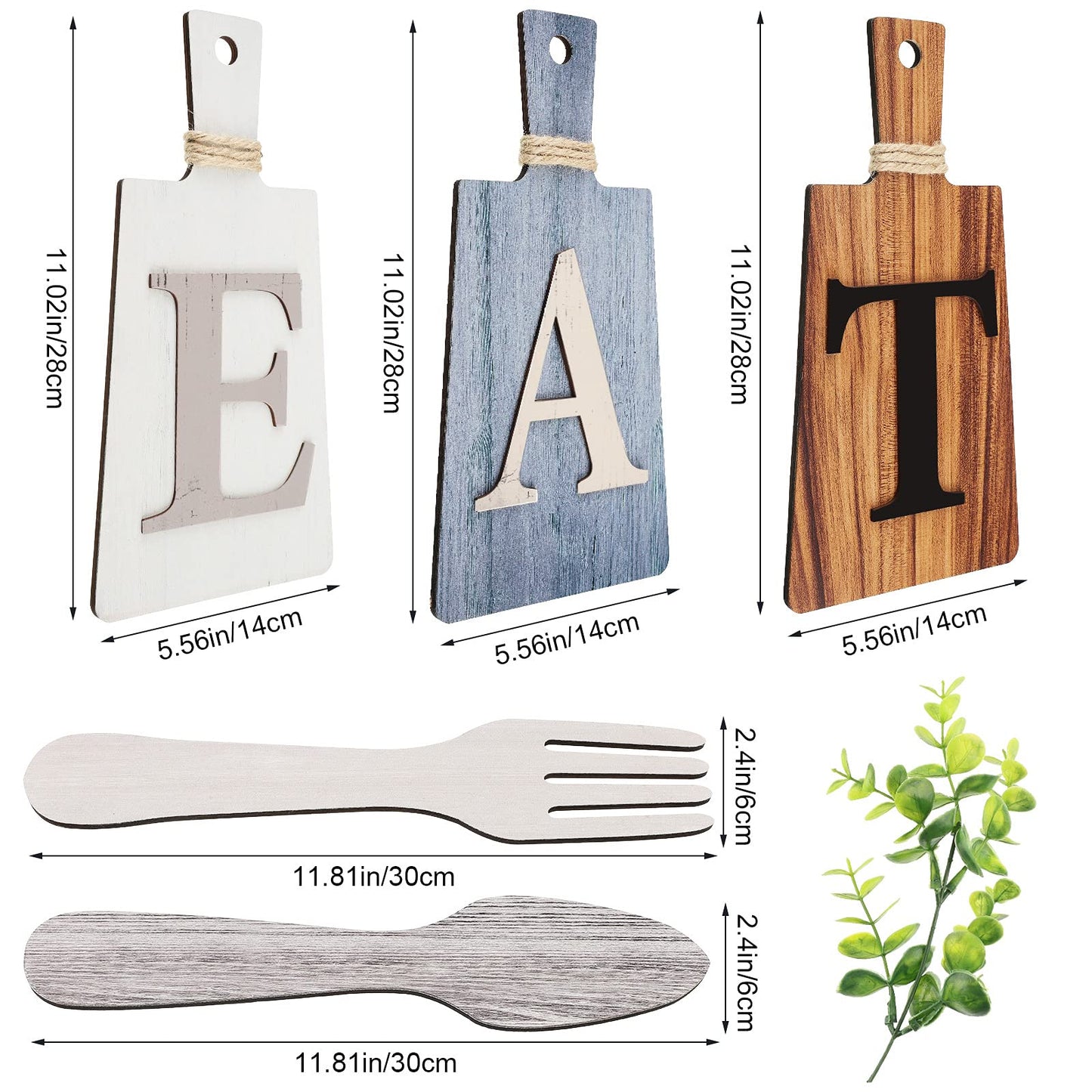 Jetec Cutting Board Eat Sign Set Hanging Art Kitchen Eat Sign Fork and Spoon Wall Decor Rustic Primitive Country Farmhouse Kitchen Decor for Home Decoration(Gray, White, Brown)