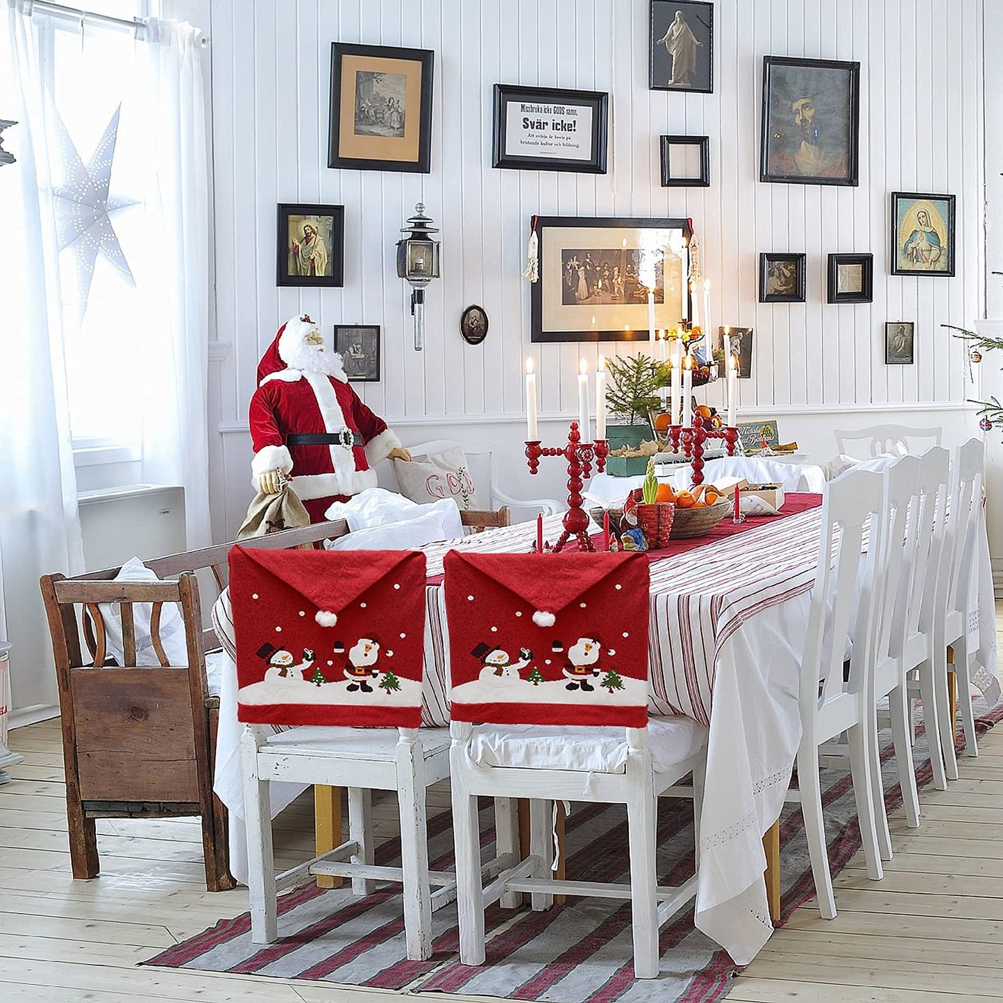 Phedrew 6Pcs Christmas Chair Covers Xmas Dining Chair Slipcovers Santa Hat Chair Back Covers for Christmas Banquet Holiday Festival Decor