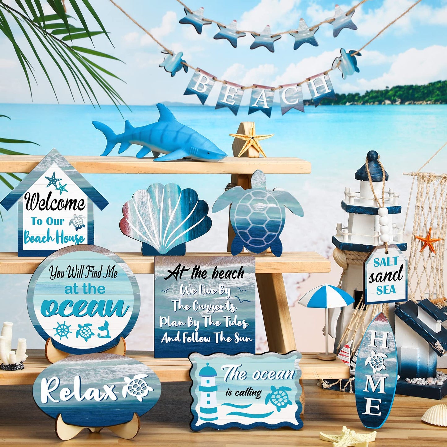 Maitys 21 Pcs Summer Beach Tiered Tray Decor Set Farmhouse Tray Decor Items Sea Turtle Shell Conch Wood Sign Rustic Beach Table Decoration for Home Kitchen Hawaii Party Holiday Outdoor Shelf