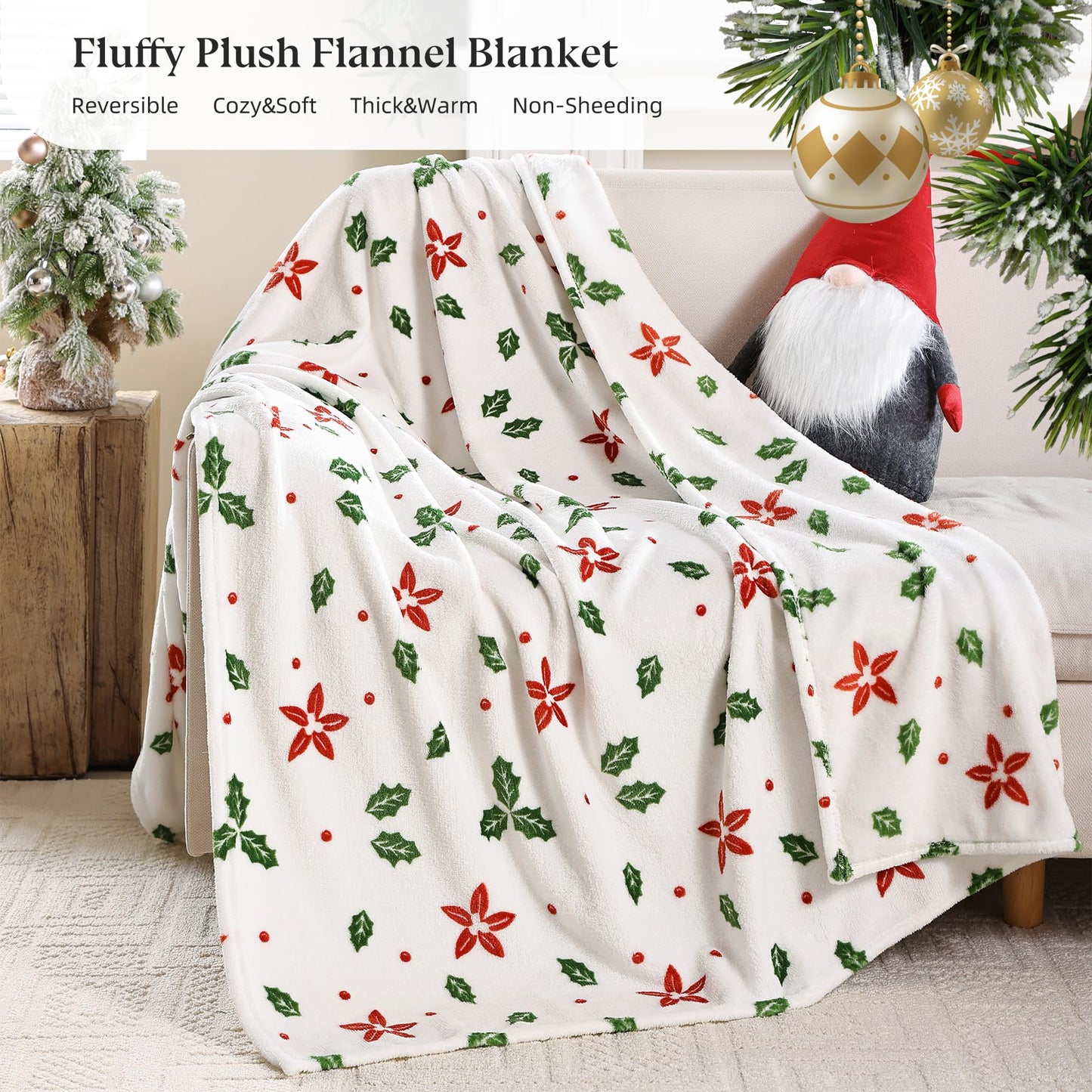 Fleece Print Throw Blanket, Super Soft Plush Cozy Fuzzy Red Floral and Green Leaves Printed Throw Blankets for Couch Sofa Bed, and Home Décor, Microfiber Flannel, All Seasons 50x60 Inches