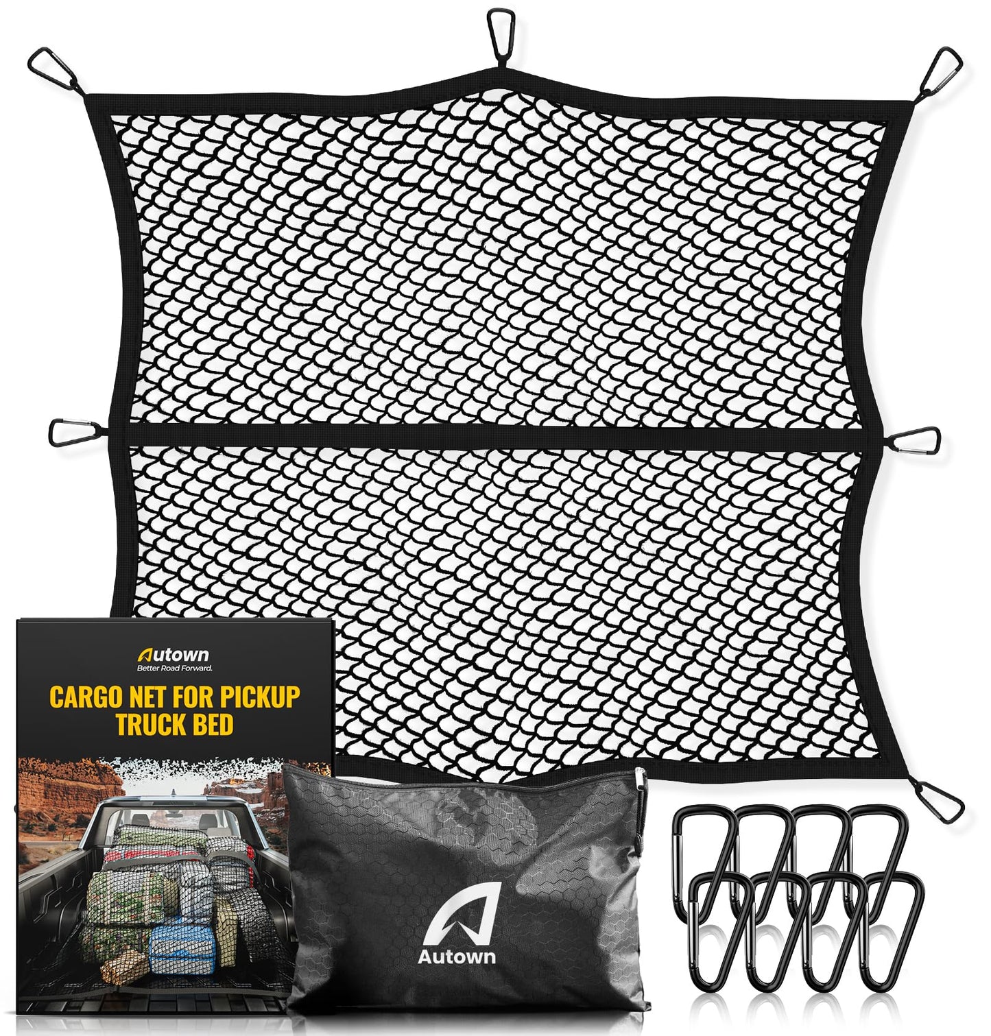 Cargo Net for Pickup Truck Bed - Stretchable 4'x4' to 7'x7', High Elastic Fine Mesh 1''x1'' with 8 Metal Carabiners - Ideal for ATV, SUV, UTV, Truck and Boat Use (Single Layer)