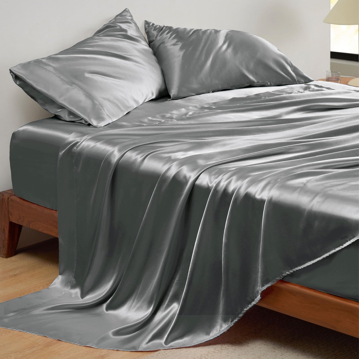 Bedsure Satin Sheets Queen Size - Luxury Silky Bed Sheet Set, Ultra Soft & Wrinkle Free, Good for Hair & Skin, Gifts for Women, 15 Inches Deep Pocket, 4-Piece (Queen, Dark Grey)