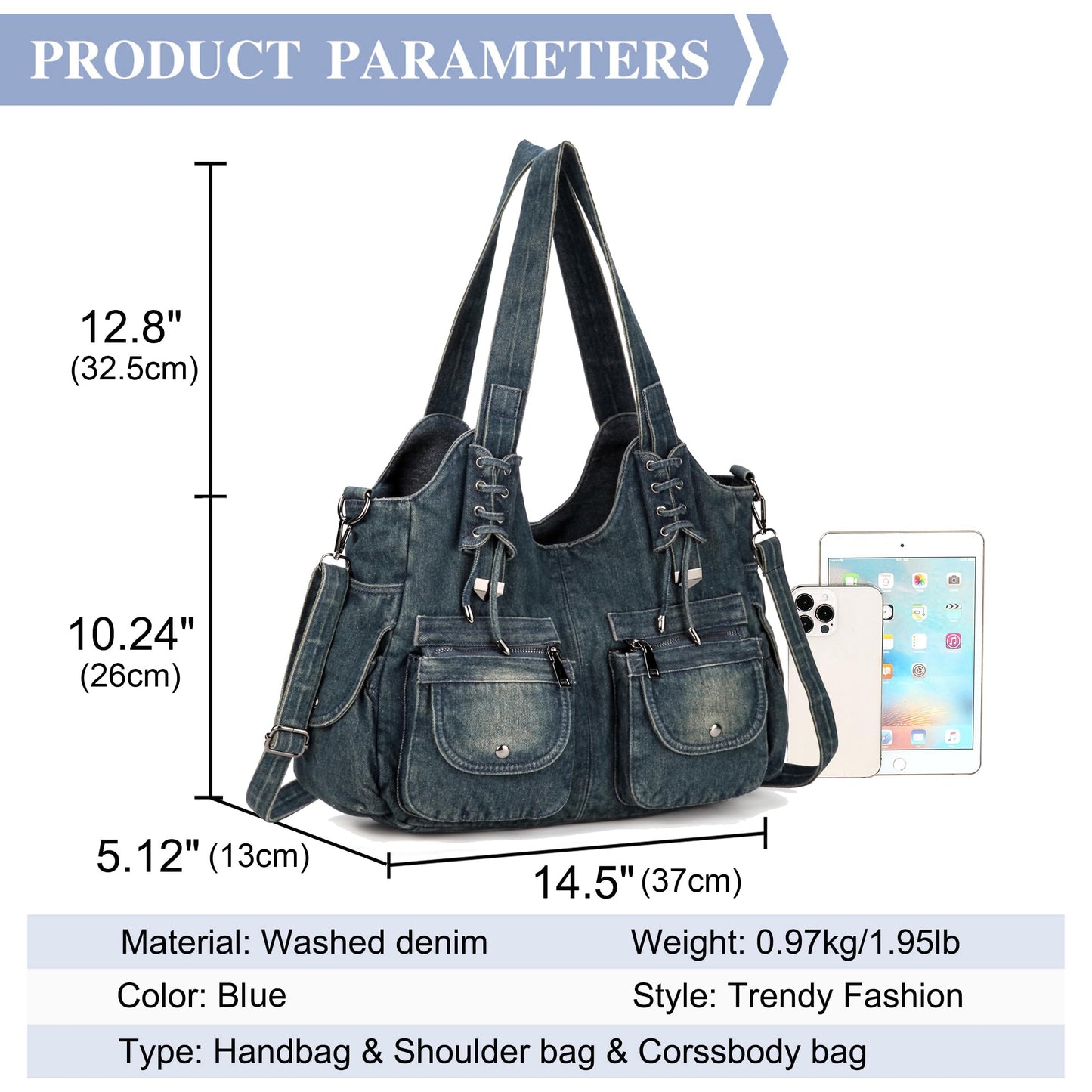 YeFine Casual Washed Denim Shoulder Bags Top Handle Lady's Hobo Bags Women Purses And Handbags (Deep Blue)