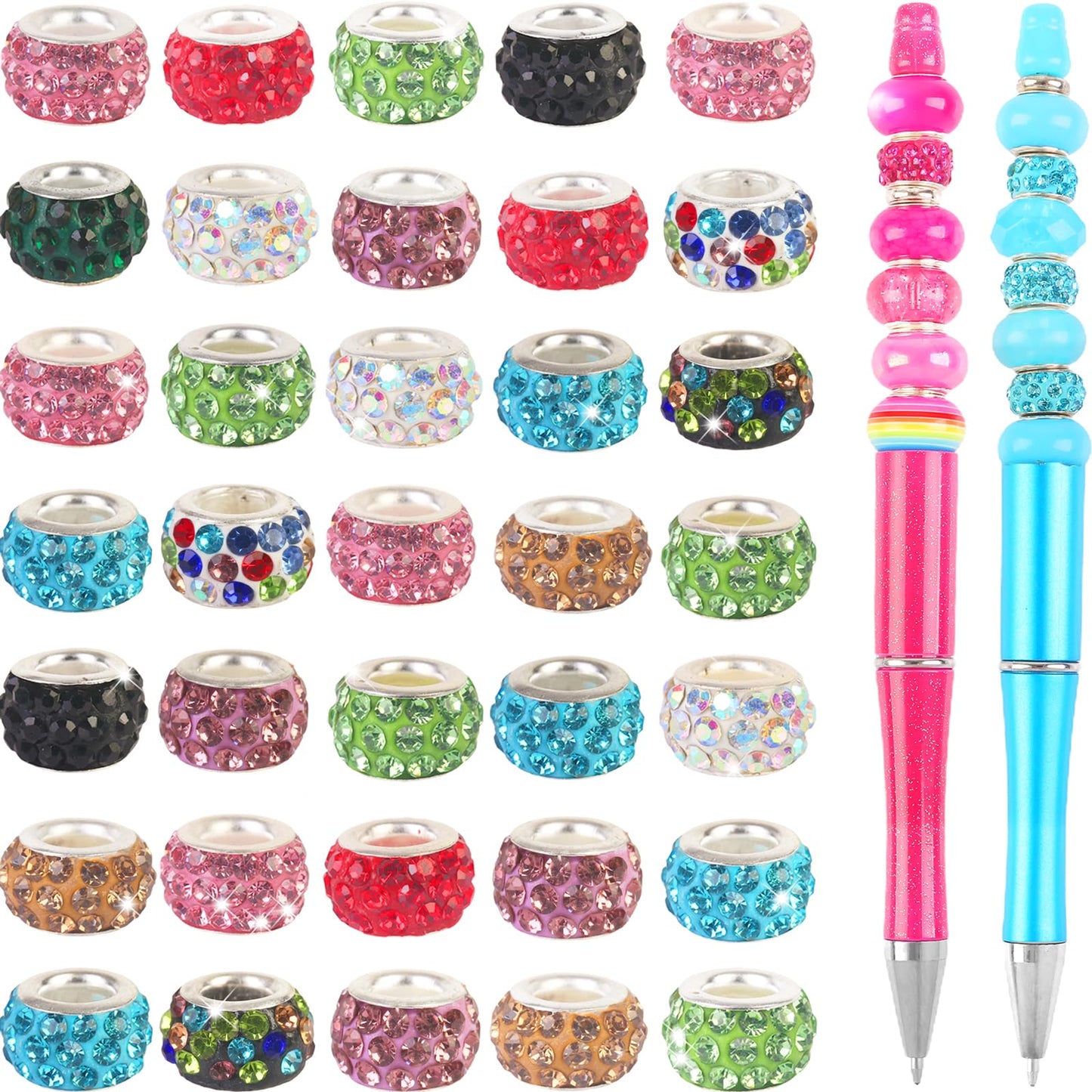 200 Pieces European Large Hole Spacer Beads, Zyehxed Blue European Craft Beads Rhinestone Lampwork Beads Fairy Garden Beads for DIY Charms Bracelet Necklace Earring Jewelry Making Supplies