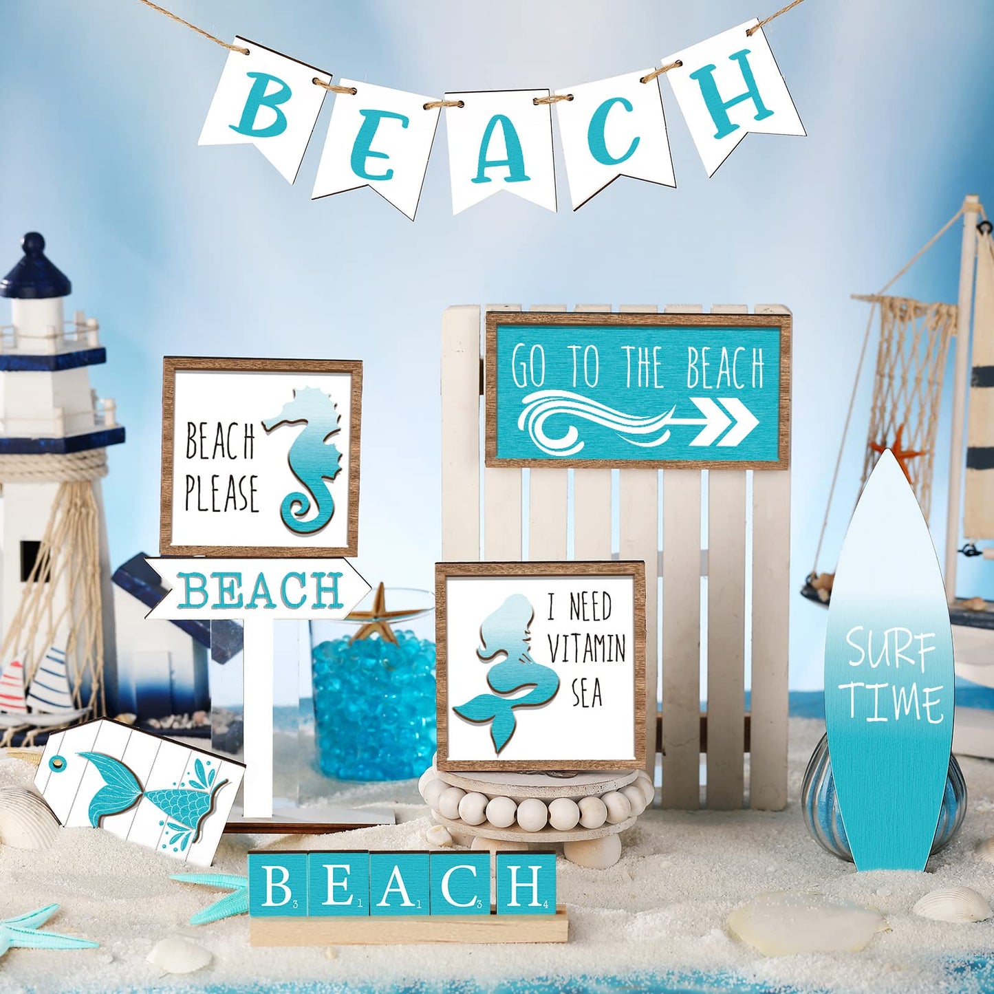 FairySandy 14 Pcs Summer Beach Tiered Tray Decor Set Farmhouse Wooden Beach Starfish Table Decor Blue Rustic Tabletop Sign Coastal Centerpieces for Summer Home Kitchen Table Hawaii Party Holiday