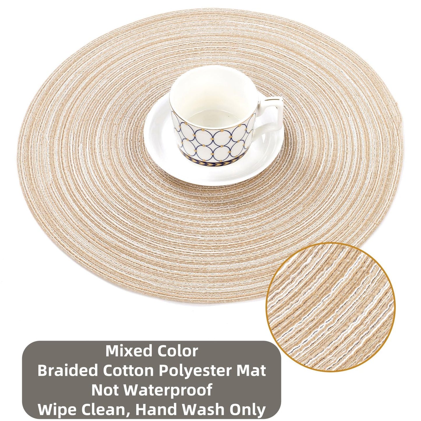 SHACOS 15 inch Round Braided Placemats Set of 6 Non Slip Heat Resistant Round Table Mats Washable Place Mats for Dinner Party Table Decoration (Beige, 6)