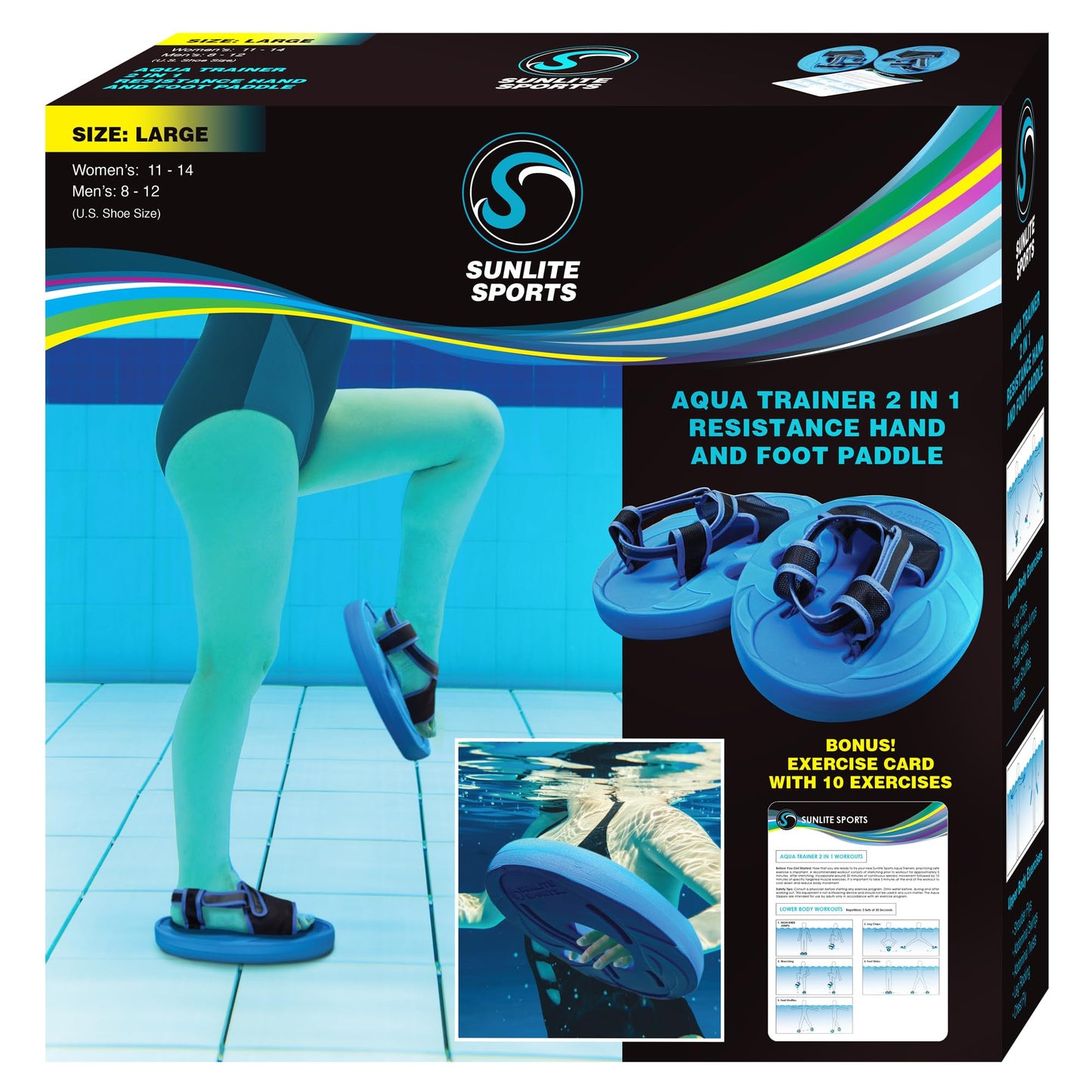 Sunlite Sports Aqua Trainer 2-in-1 Resistance Hand and Feet Paddle, Water Aerobics Set for Pool, Adult Aquatic Exercise for Aqua Workout, Low Impact Upper Lower Body Workouts