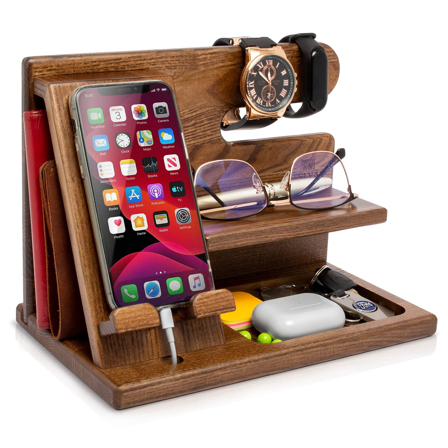 TESLYAR Wood Phone Docking Station for Men - Desktop or Nightstand Organizer - Birthday gifts for Men, Dad - Anniversary Idea from Wife - Key Holder, Stand Wallet, Watch & Essentials (Ebony)