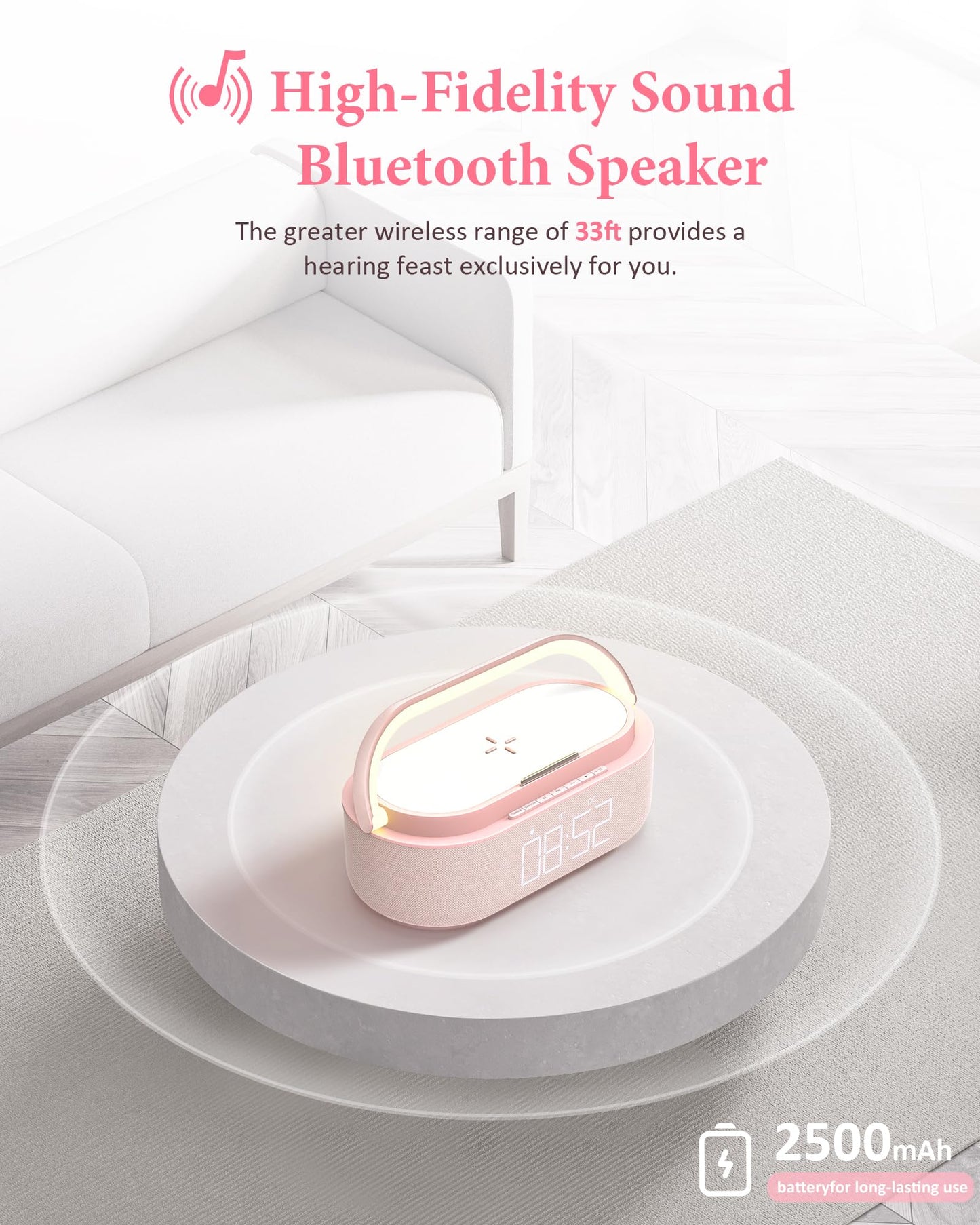 COLSUR Bluetooth Speaker with Wireless Charger, FM Radio, Dimmable LED Night Light, Dual Wireless Speakers, 2500mAh Portable Speaker for Home Decoration, Bedroom, Office, Gift