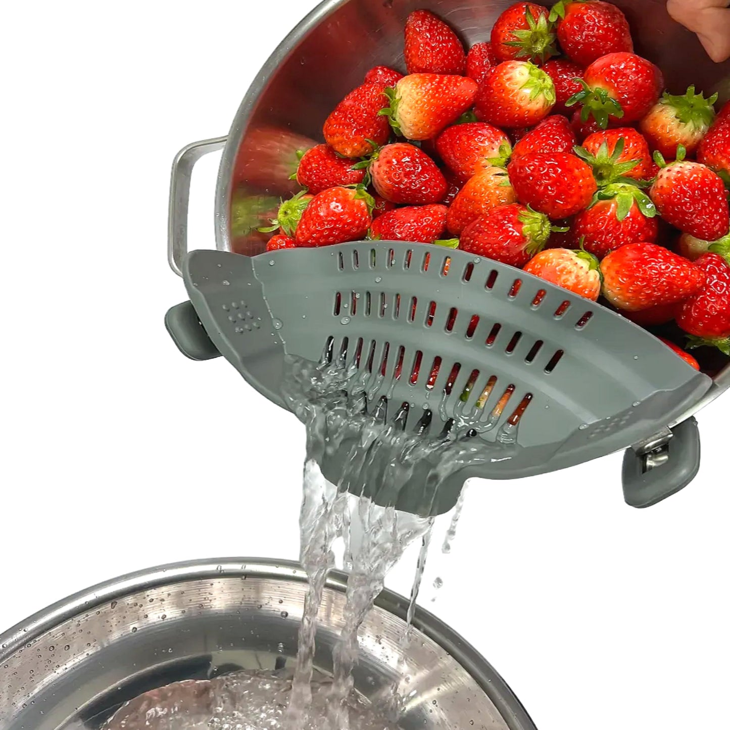 MOSOLE Clip On Flexible Silicone Strainer for All Pots and Pans, Heat Resistant Colander for Vegetables and Fruit and Noodles, Multi Use Kitchen Gadgets for Cooking, Space-Saving Design, Gray