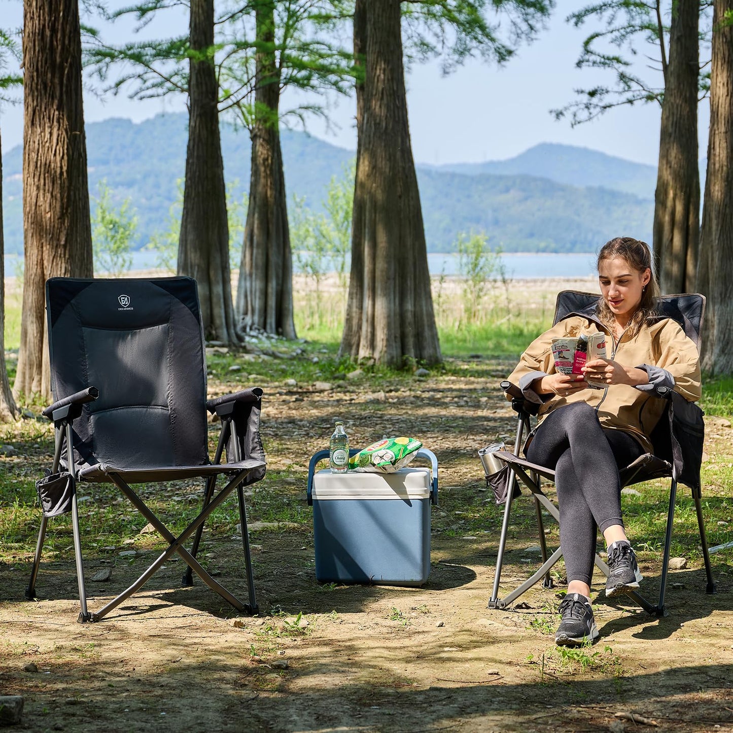 EVER ADVANCED Reclining Camping Chairs for Adult Lightweight, Portable Compact Folding Chair with Adjustable Back,4-Level Recliner Chairs, Lawn Chair for Patio Balcony, Supports 350lbs, Grey