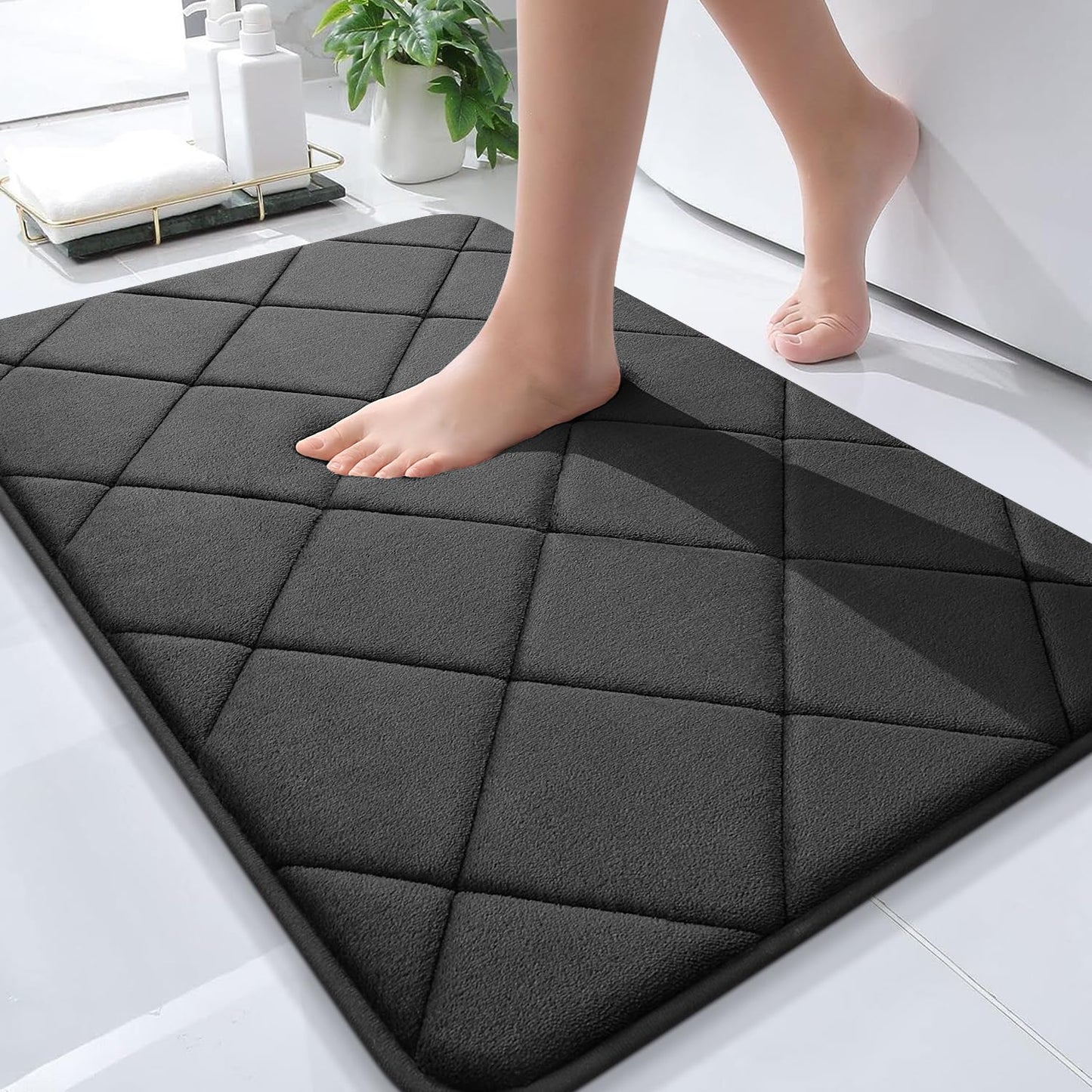 OLANLY Memory Foam Bath Mat 30x20, Ultra Soft and Absorbent Bathroom Rugs, Machine Washable, Comfortable Bath Carpet for Bathroom Floor, Tub and Shower, Black