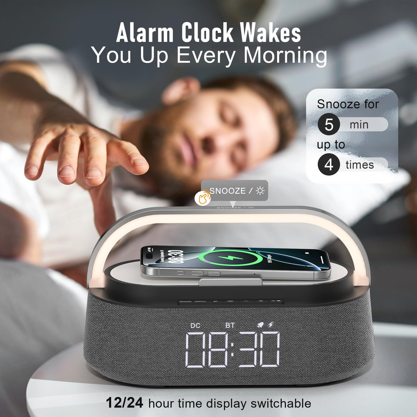 FREEFISH Bluetooth Speaker with Fast Wireless Charger,FM Radio,Touch LED Night Light,Phone Holder,Snooze, Portable Wireless Speaker for Bedrooms Office Home, Gifts (Black)