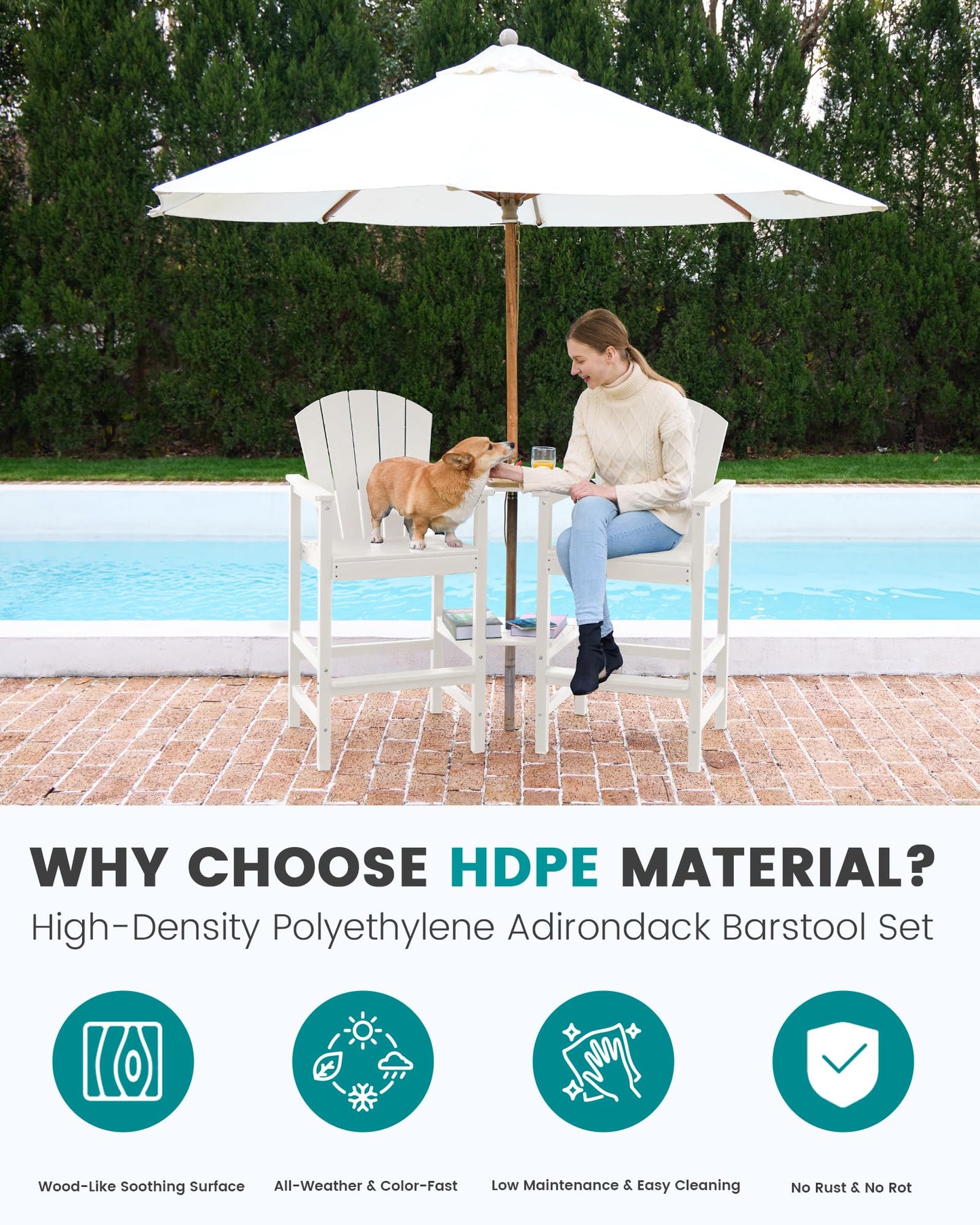 SERWALL Tall Adirondack Chairs Set of 2 with Double Layer Connecting Tray, HDPE Bar Height Outdoor Chairs, Wood-Like Adirondack Bar Stools for Patio, Balcony, Porch, White