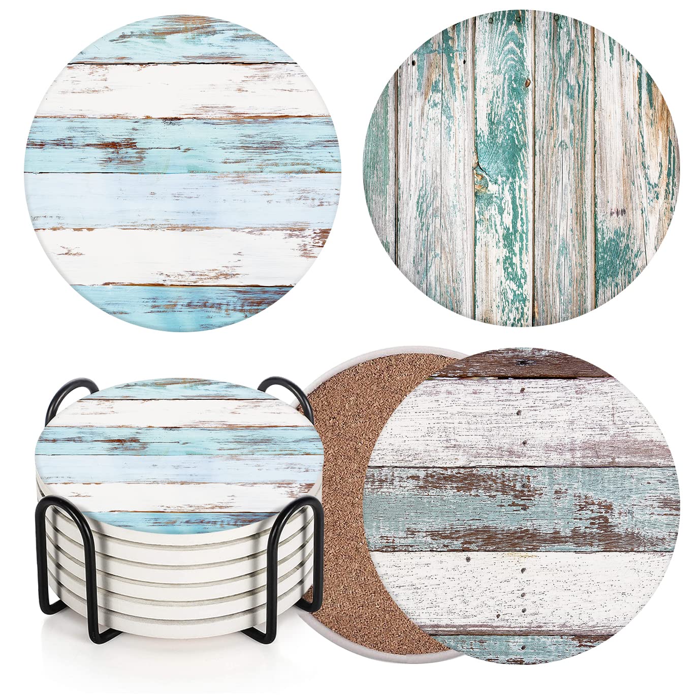 Britimes Coaster for Drinks Set of 6, Wooden Board Brown Blue Table Absorbent Round Ceramic Stone Mat, with Cork Base and Metal Holder, Gift for Housewarming Room Bar Decor