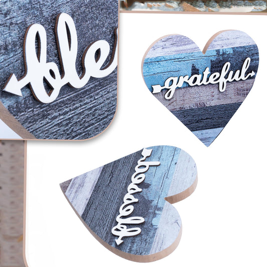 WTYONZEL 2 Pcs Rustic Wooden Table Heart Decor Signs for Home Decor - Farmhouse Valentine's Day Centerpiece, Freestanding Table Decor, Romantic Gifts (Grateful Style)