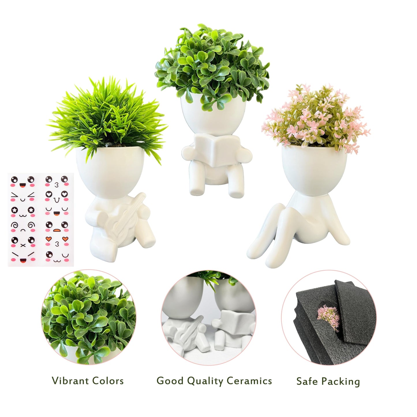 3 Packs Creative Small Fake Plants Artificial Succulents in Ceramic Human Shaped Pots Cute Office Plants for Desk Home Decor Funny Premium Ceramic Faux Succulent Perfect Humorous Gift Idea(3, White)