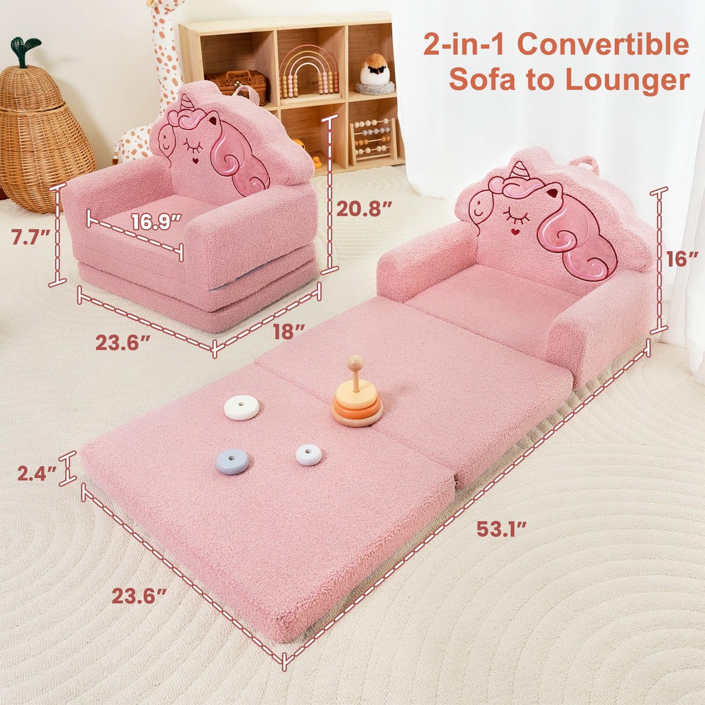TinyPalsa Kids Couch, 53.1”x23.6” Sofa Bed, Convertible Sofa to Lounger Fold Out, Pink Unicorn Design Chair for Toddlers 1-3, Gift for Birthday, Movie Night